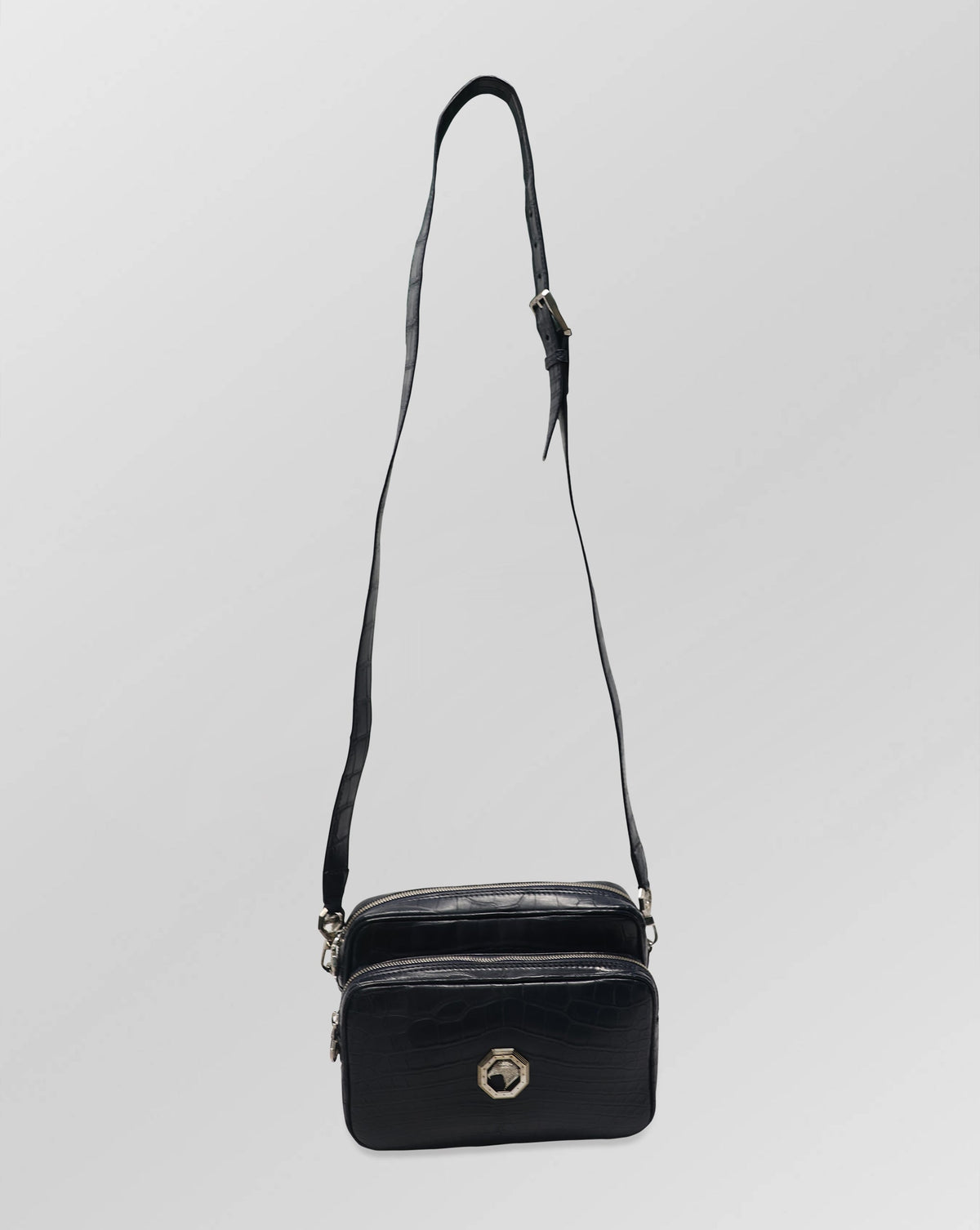 Stefano Ricci Black Matte Crocodile Leather Travel Pouch with Detachable Shoulder Strap