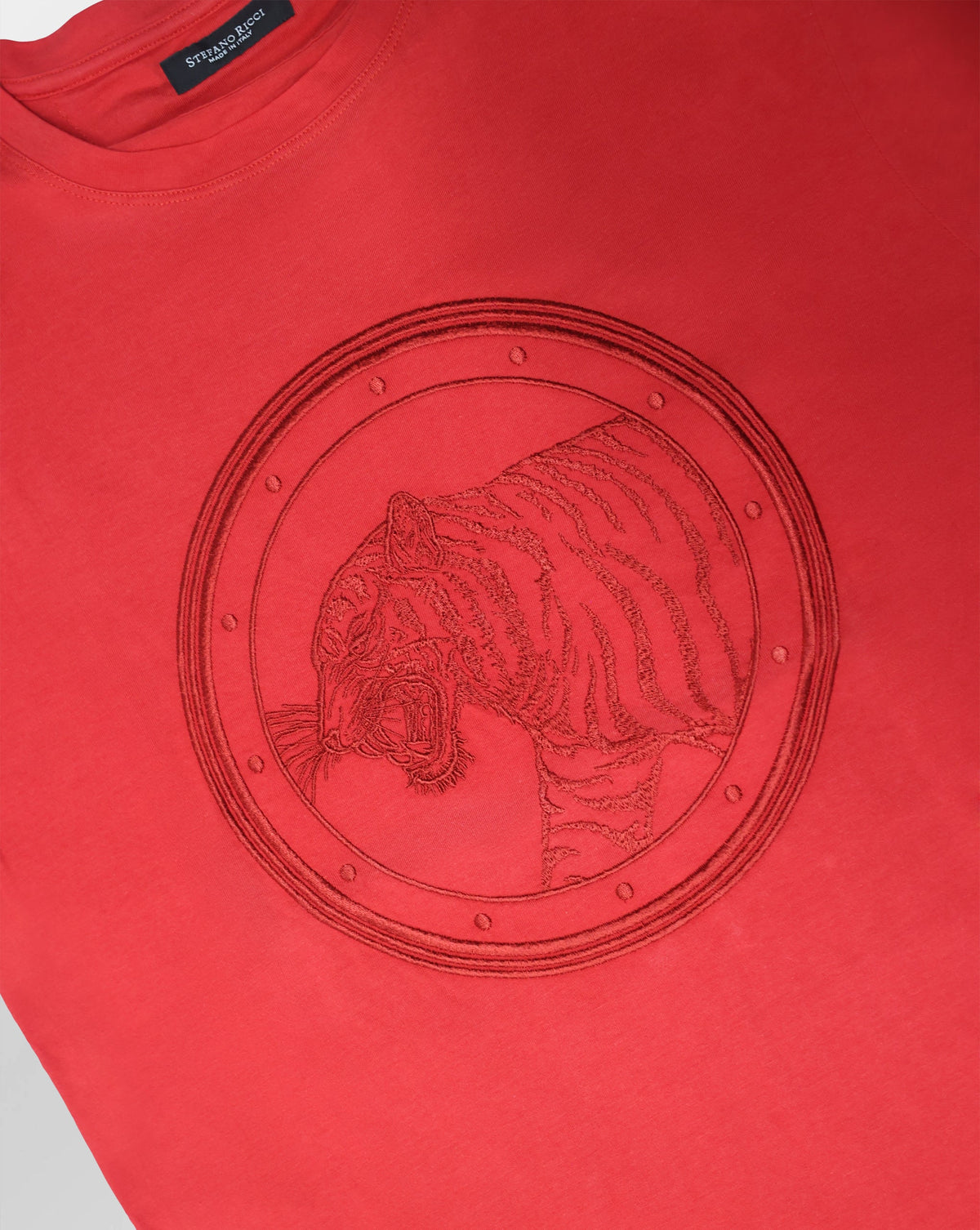 Stefano Ricci Silk Cotton T-Shirt Tiger Embroidery | Red