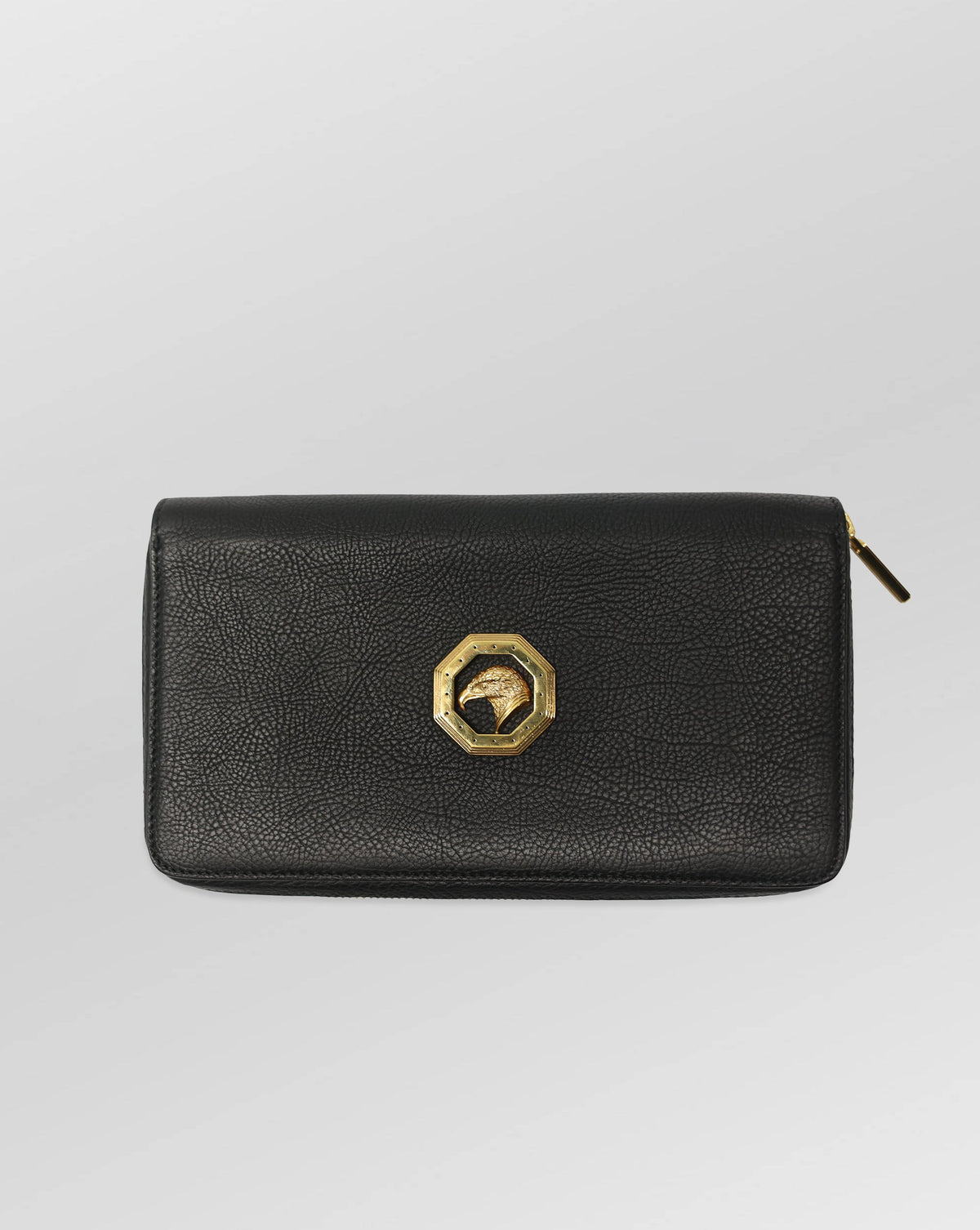 Stefano Ricci Grained Calfskin Zip-Around Wallet Clutch with Eagle Logo Black