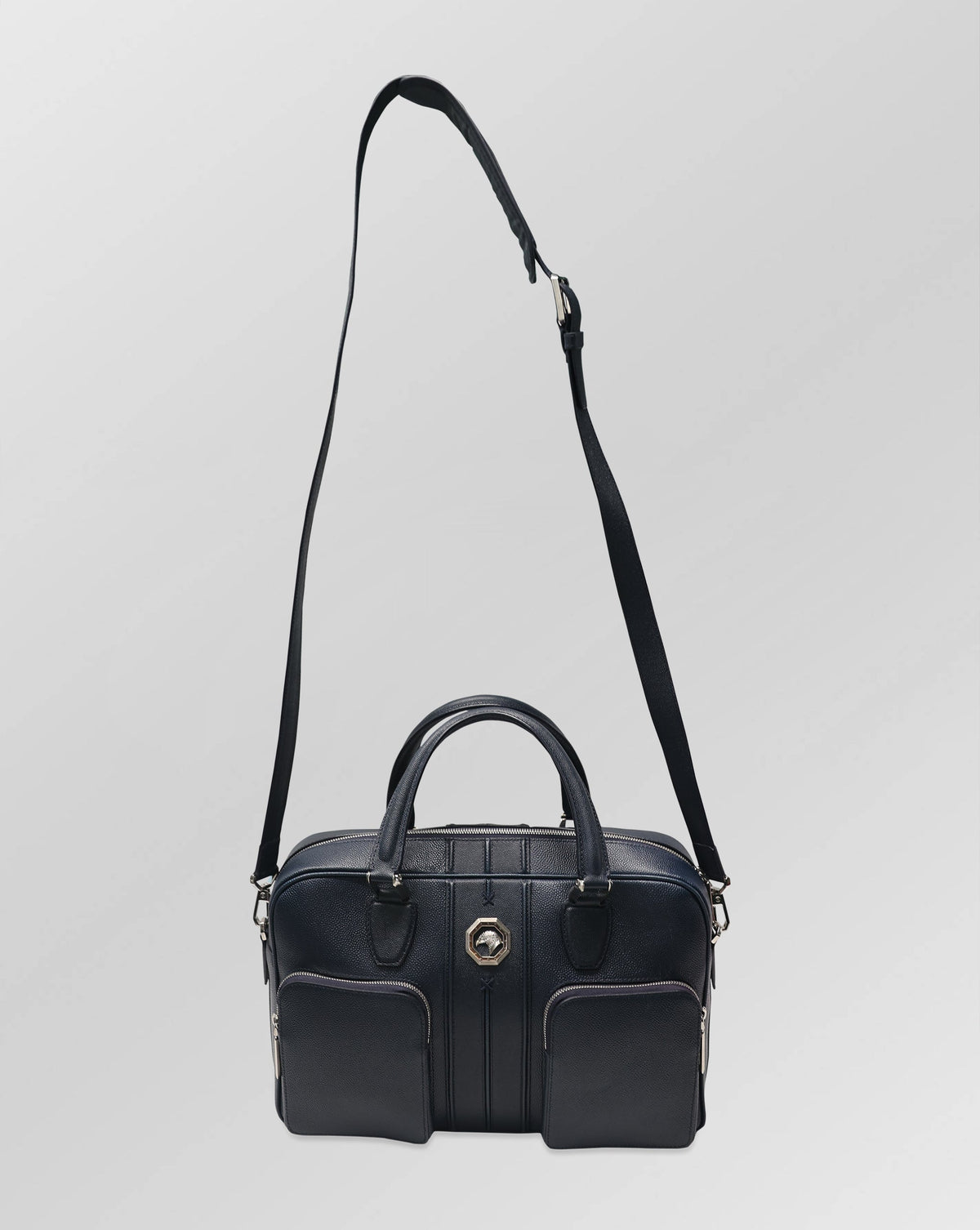 Stefano Ricci Grained Calf Leather Top Handle Briefcase with Front Zip Pockets Navy