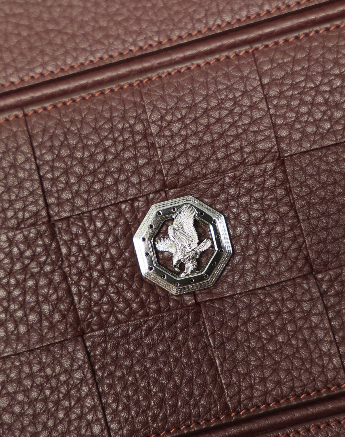 Stefano Ricci Brown Grained Leather Zip Clutch with Woven Detail