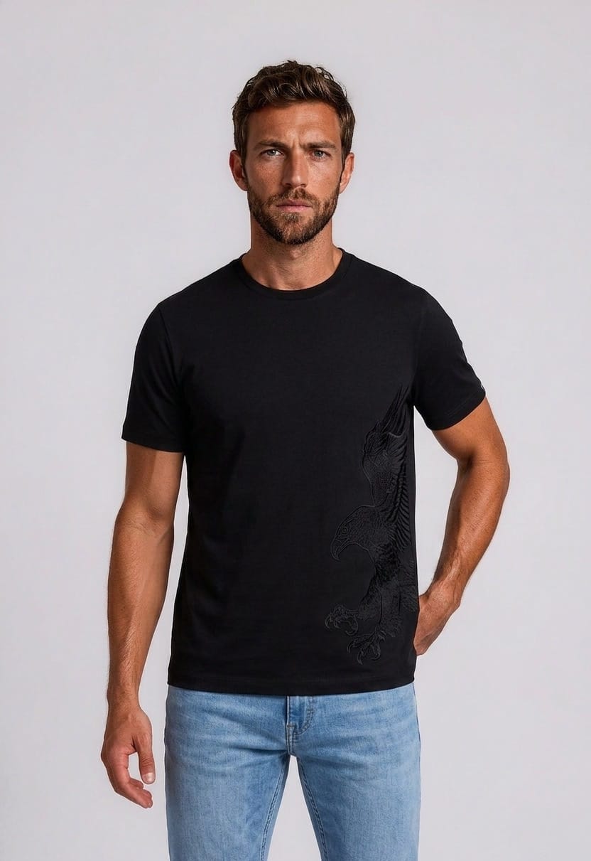 Stefano Ricci Silk Cotton Eagle Embroidered T-Shirt | Black