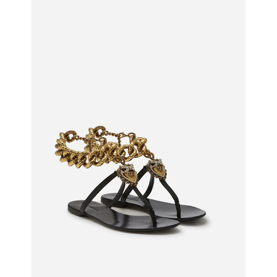 Dolce & Gabbana Black /Gold Polished Cowhide Devotion Flip Flops