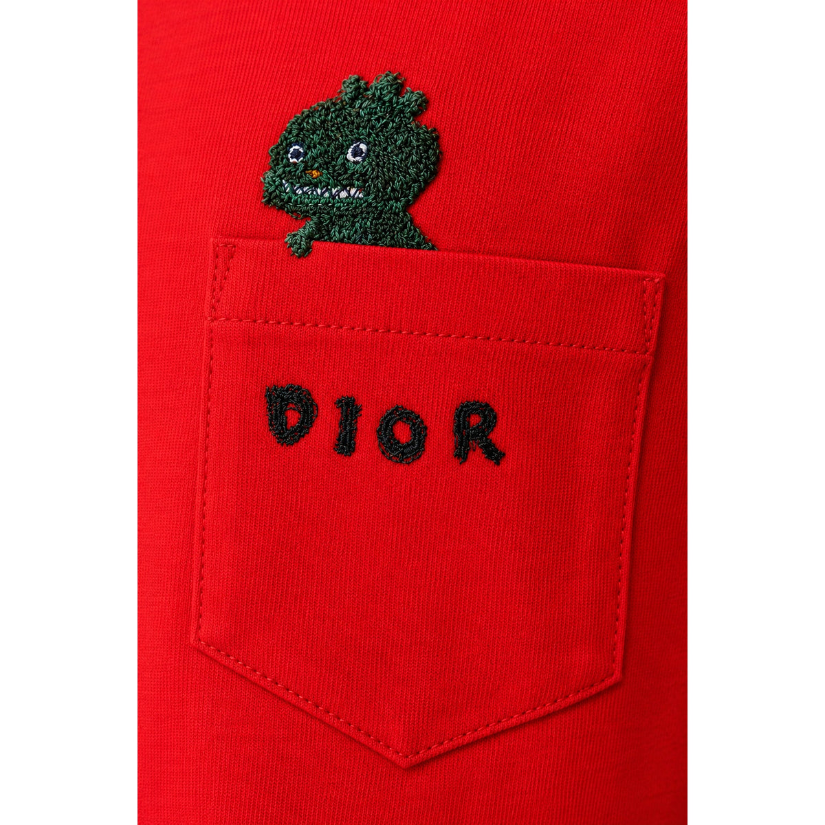 Dior Red Short Sleeve Cartoon Logo Graphic Pocket Tee