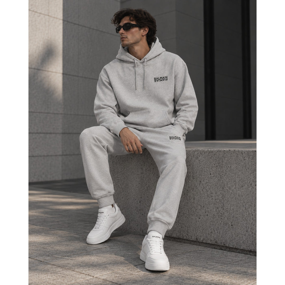 Balmain Gray Logo Motif Hoodie