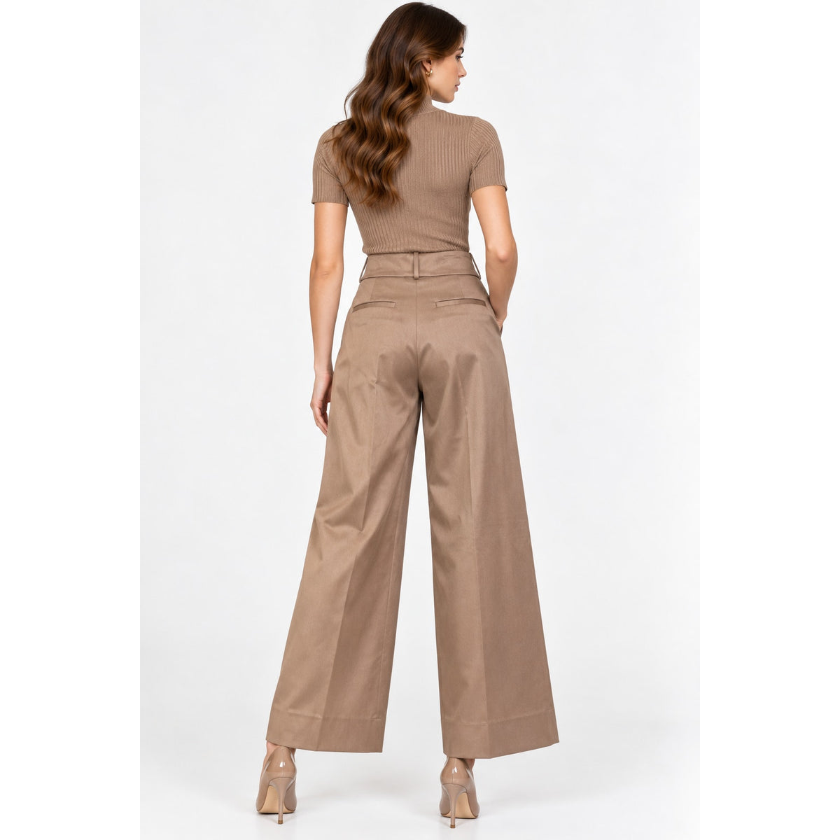 Peserico Taupe High Waist Wide Leg Rhinestone Embellished Pants