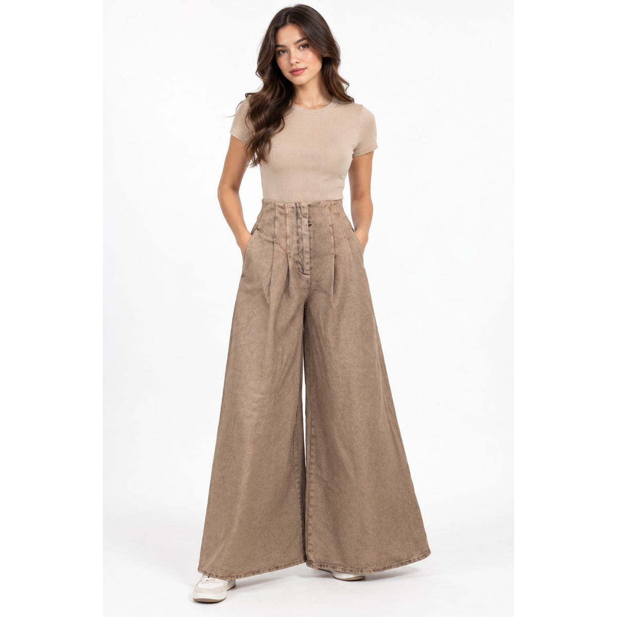 Peserico Almond Beige Wide Leg Pleated Jeans