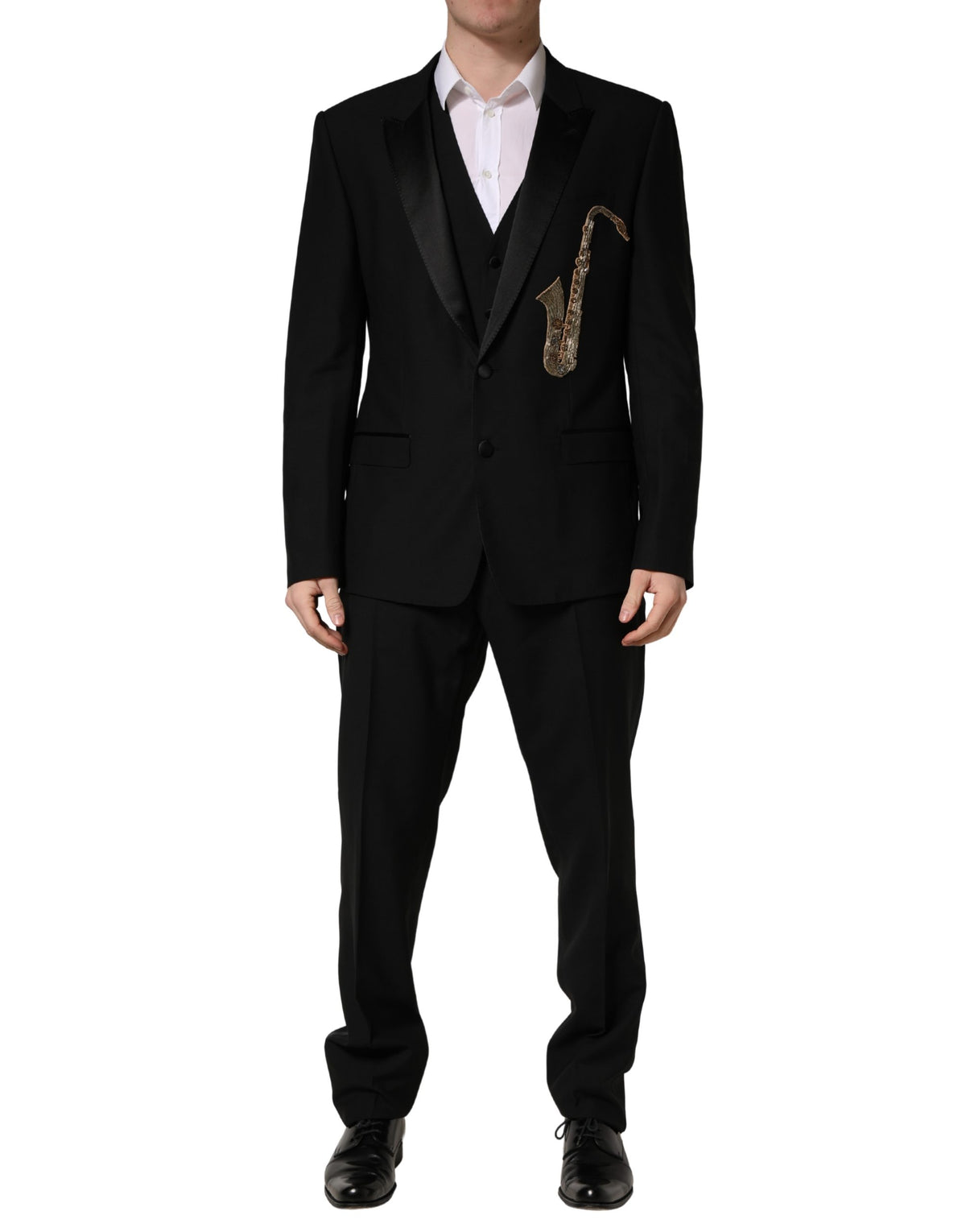 Dolce & Gabbana Black Wool Silk Saxophone Slim Fit 3Pc Suit
