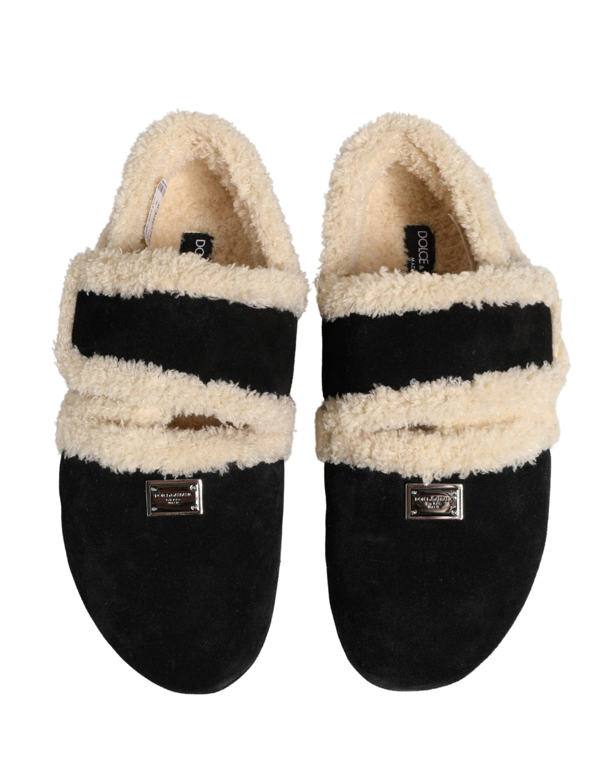 Dolce & Gabbana Beige Black Faux Fur Flats Men Sandals Shoes