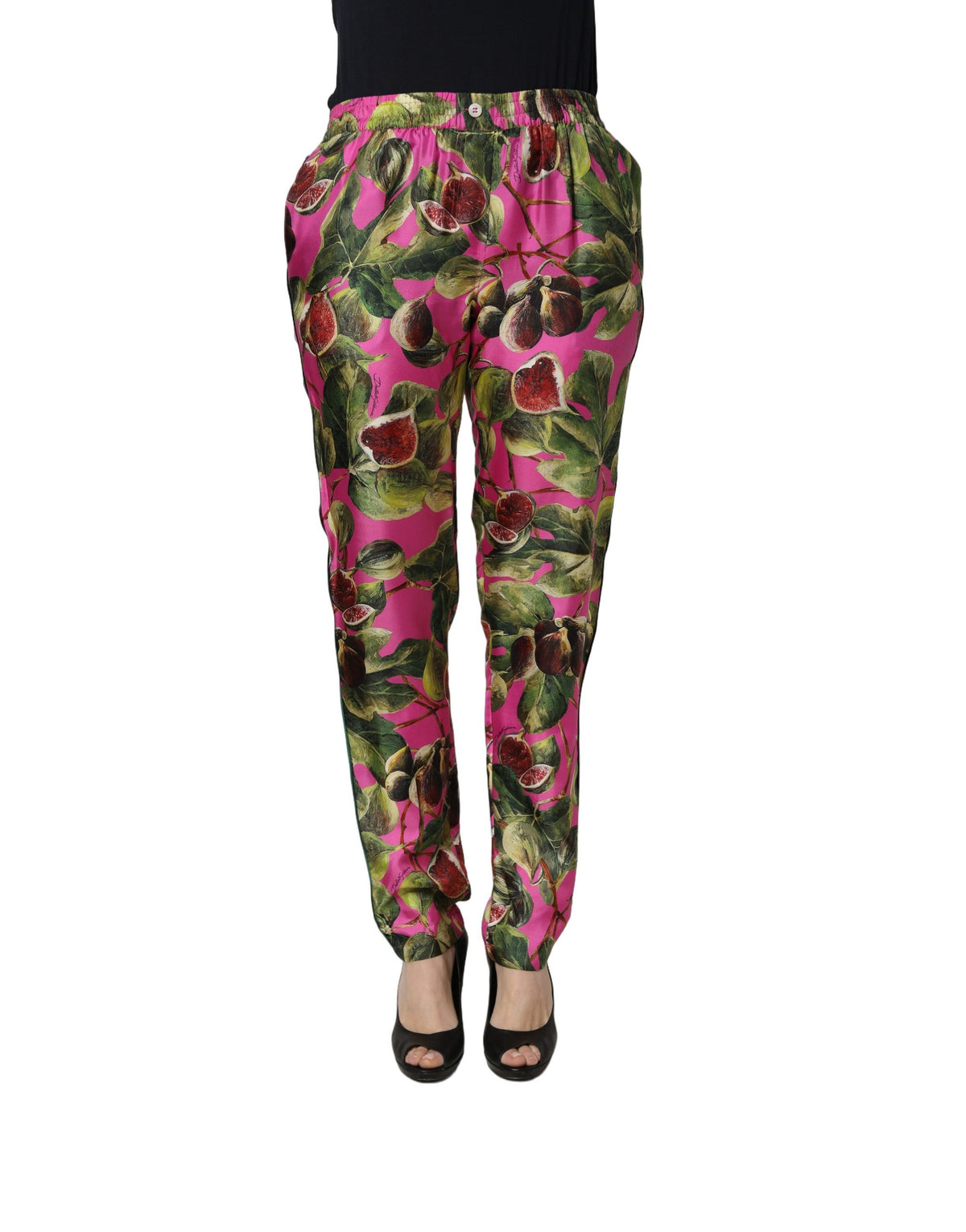 Dolce & Gabbana Fuchsia Fig Fruit Leaf Tapered Trouser Pants