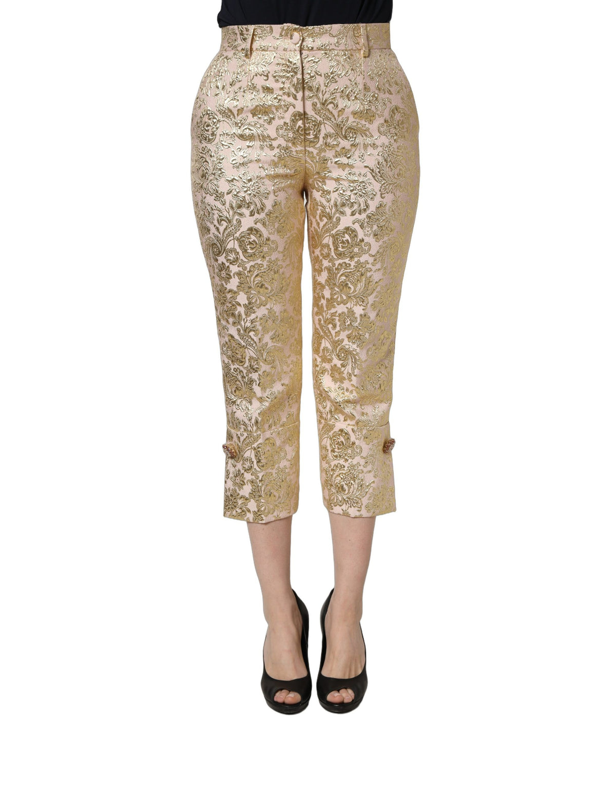 Dolce & Gabbana Gold Jacquard Floral Lamé Crop Trouser Pants