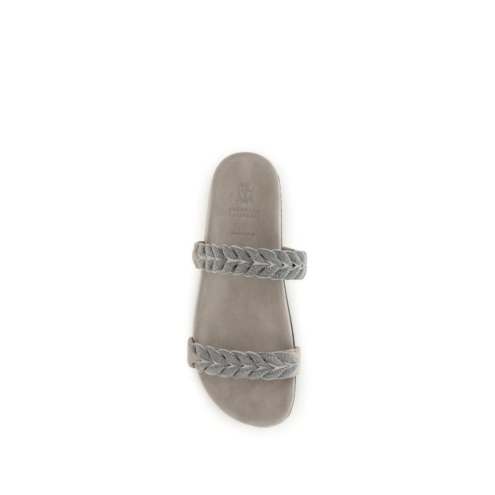Brunello Cucinelli Gray Calf Leather Bos Taurus Flat Sandals
