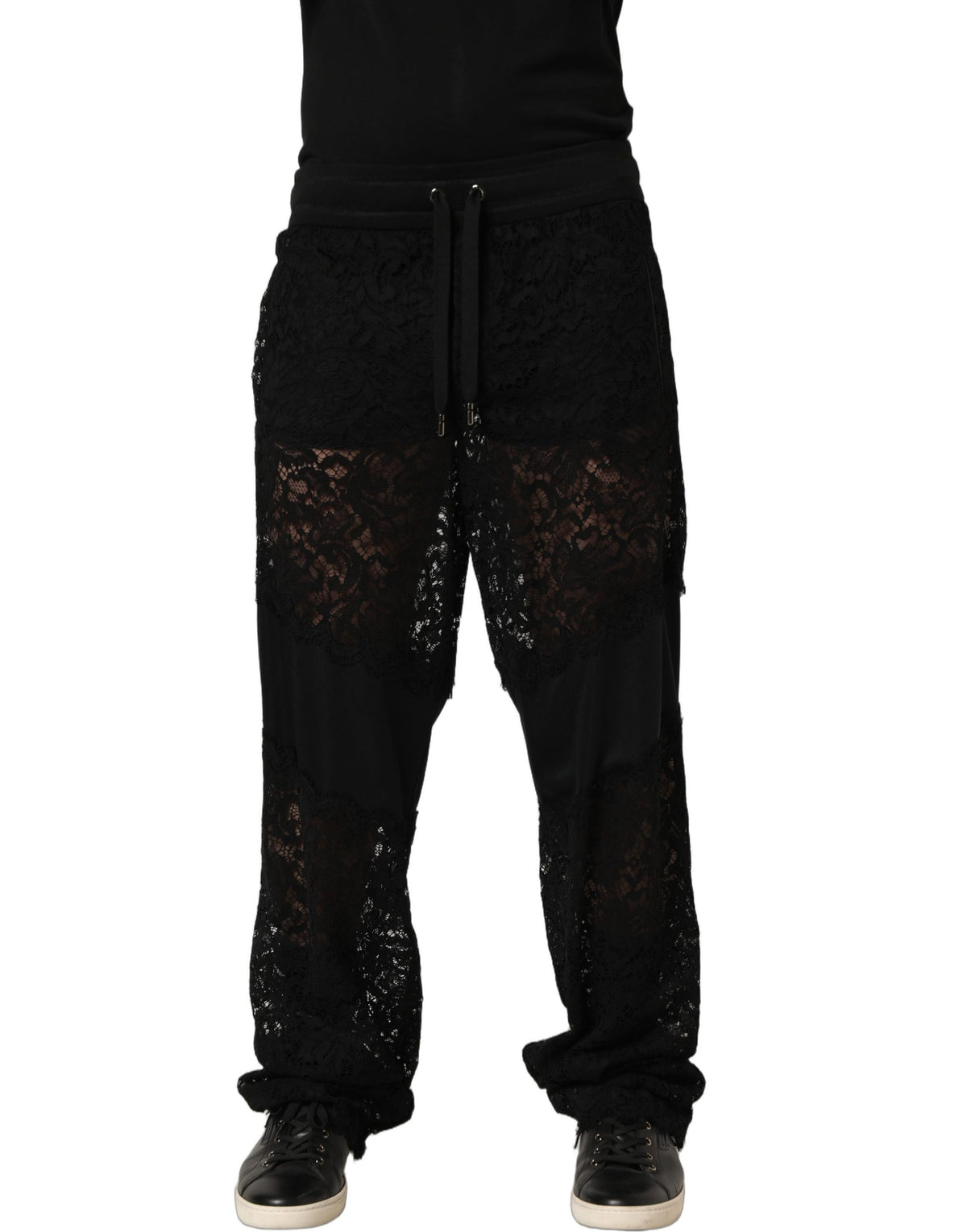 Dolce & Gabbana Black Lace Mid Waist Jogger Men Trouser Pants