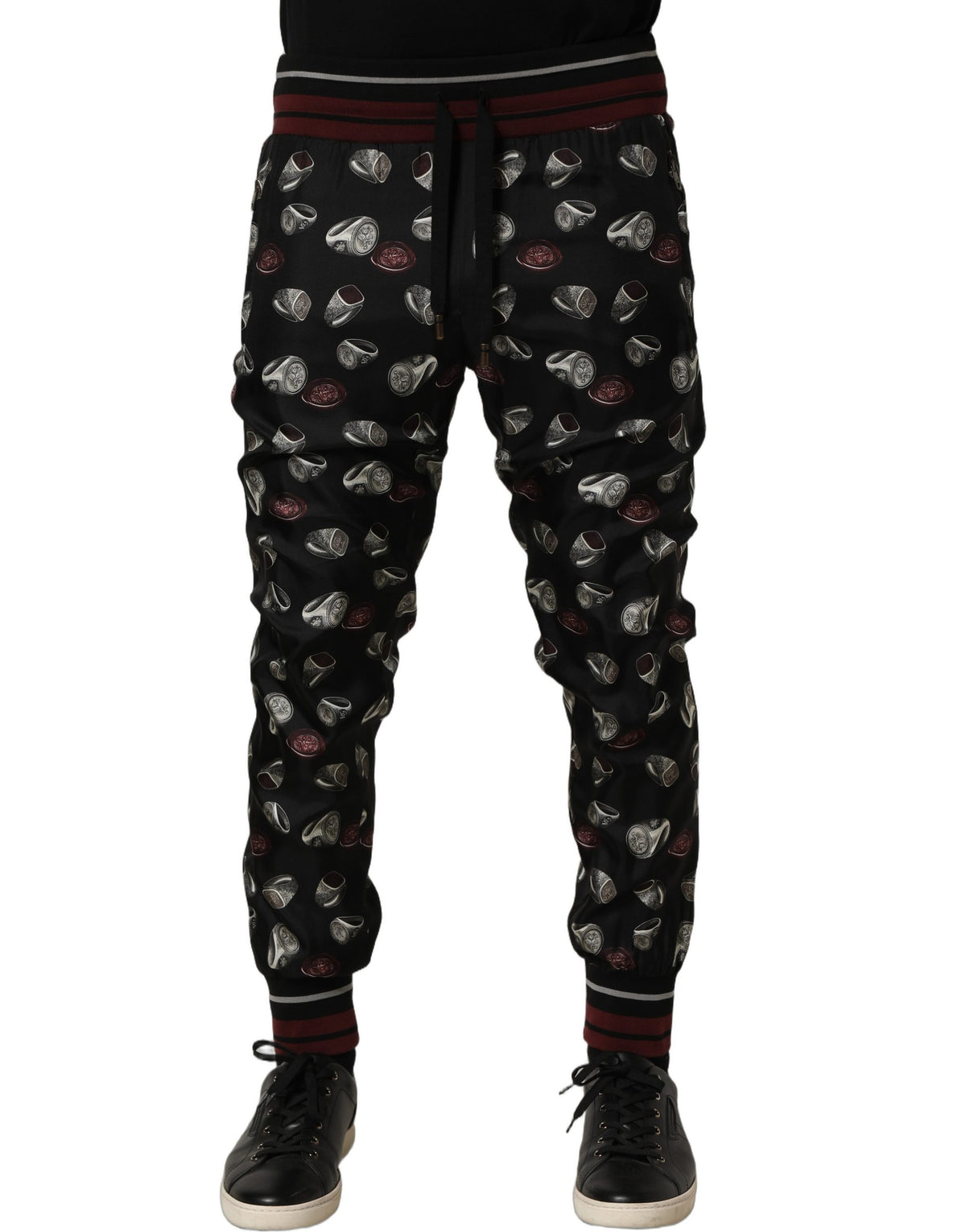 Dolce & Gabbana Pants Black Ring Print Silk Jogging Trousers
