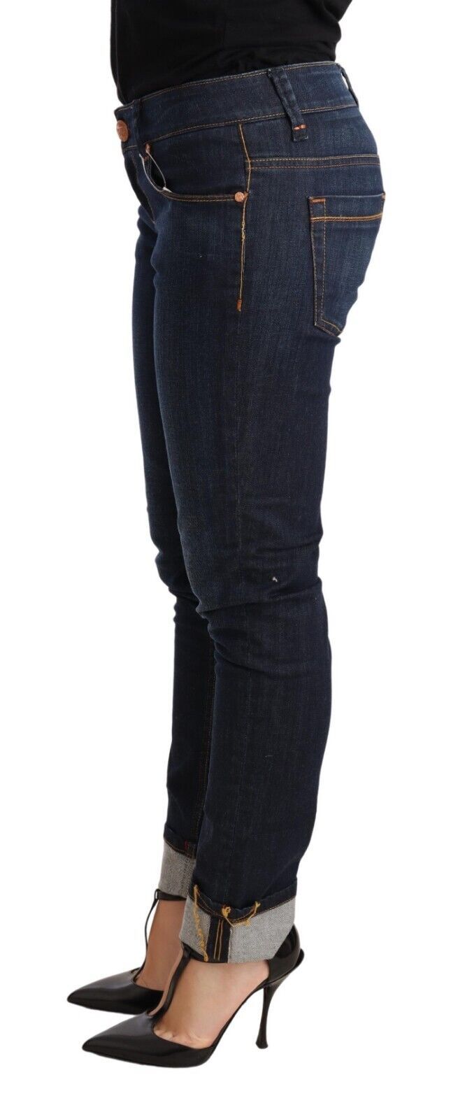 Acht Blue Washed Cotton Low Waist Skinny Denim Women Trouser Jeans