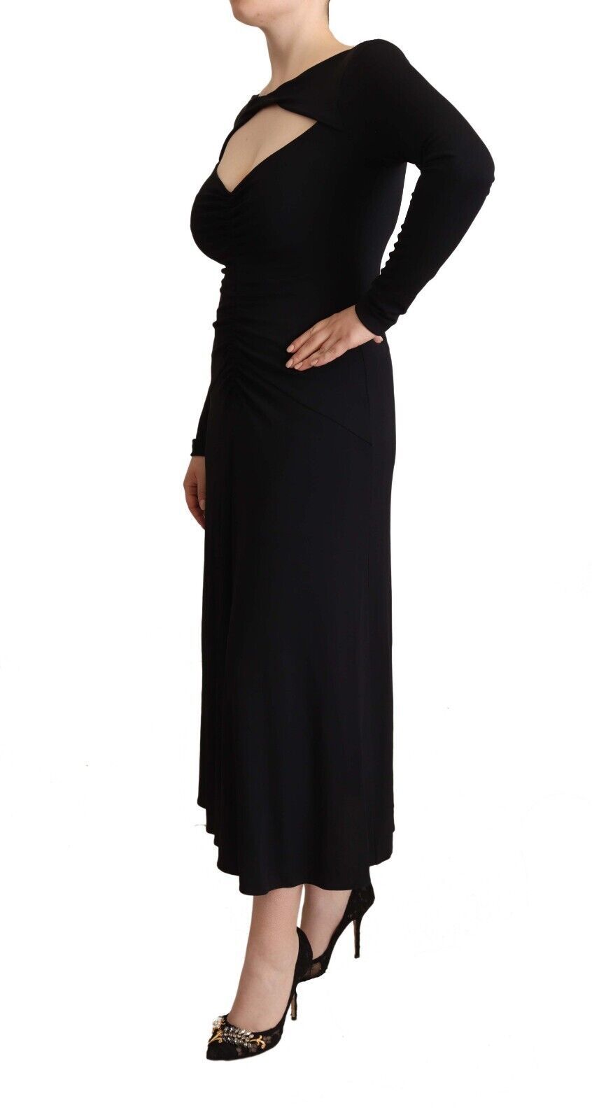 PINKO Black Nylon Stretch Long Sleeves Deep V-neck Maxi Dress