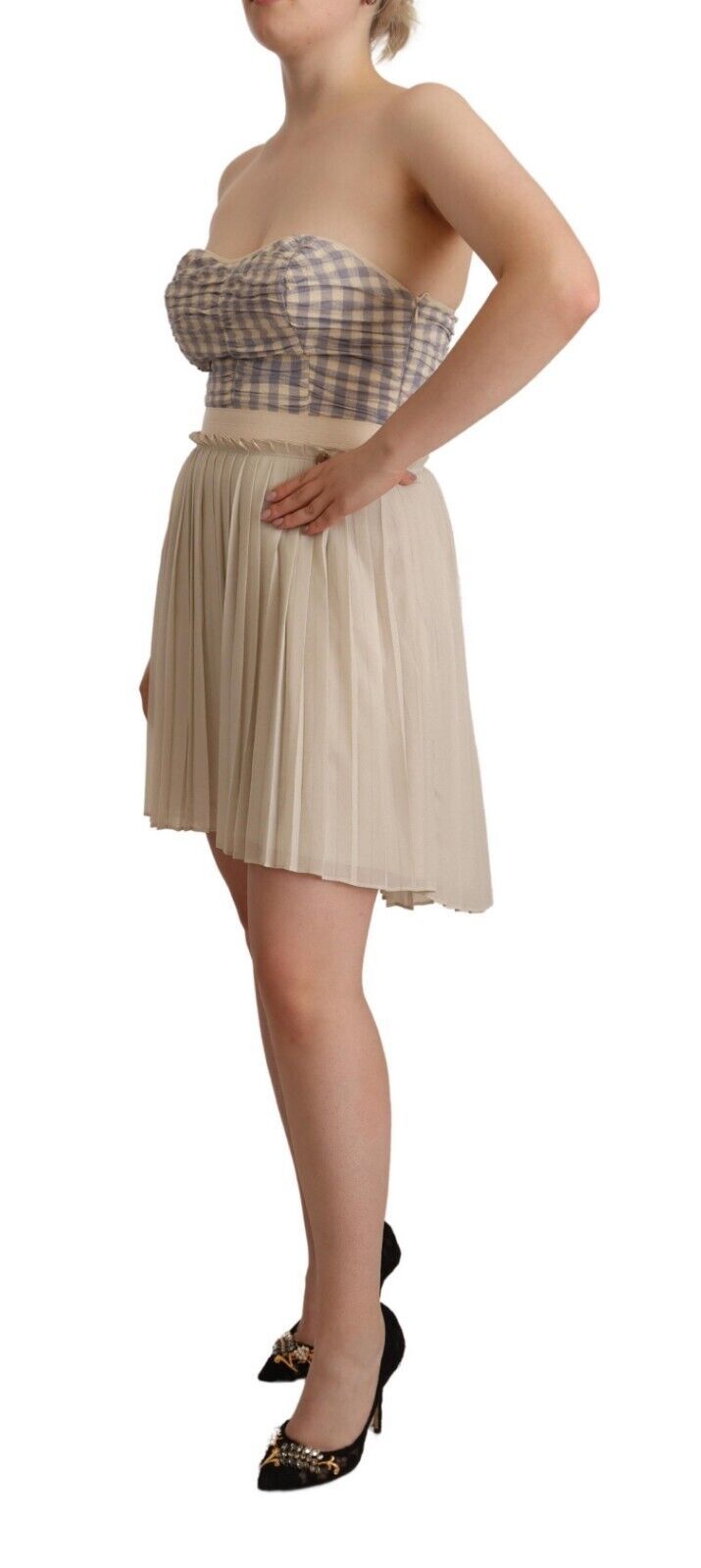 Guess Beige Checkered Pleated A-line Strapless Bustier Dress