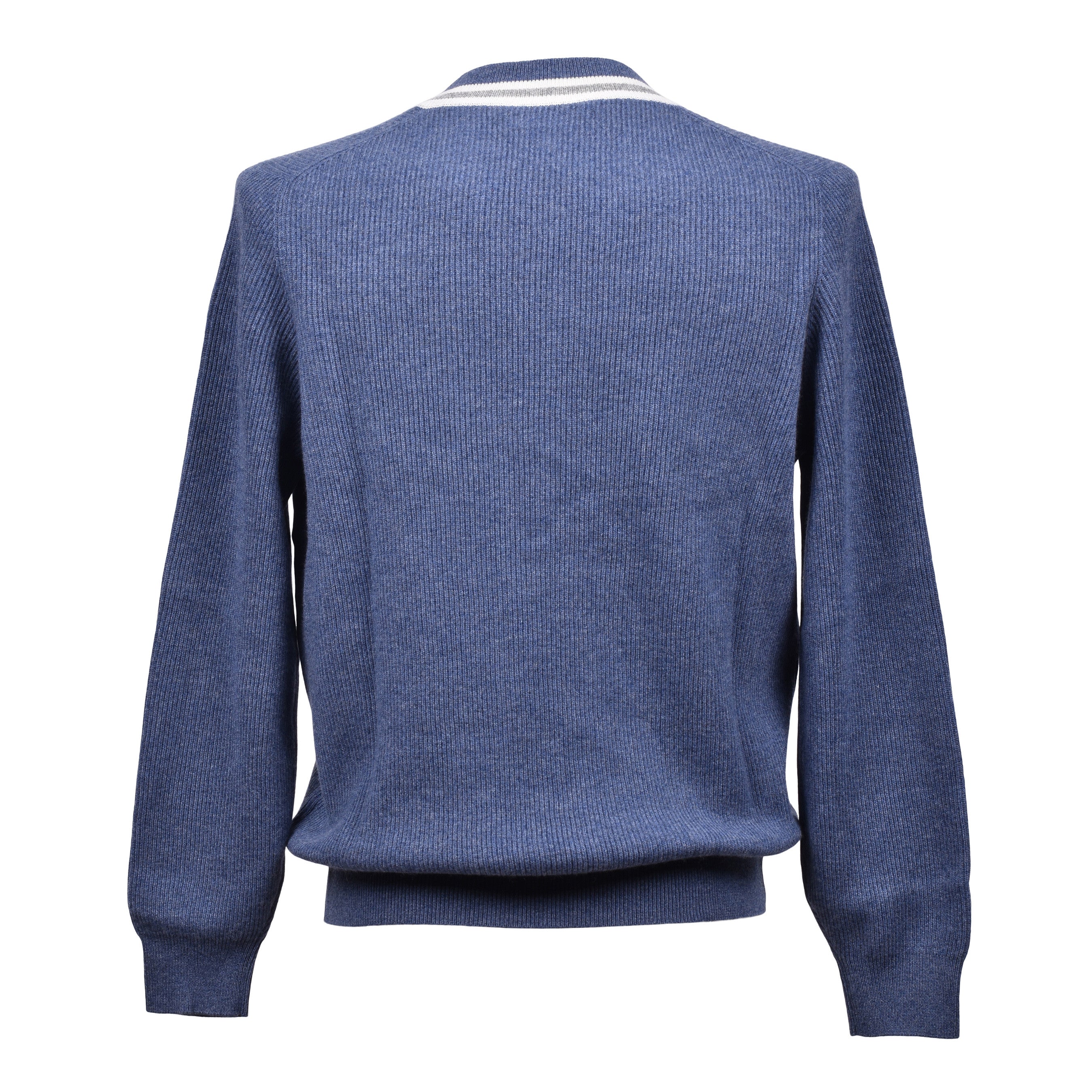 BRUNELLO CUCINELLI MEN'S BLUE V-NECK RIBBED SWEATER
