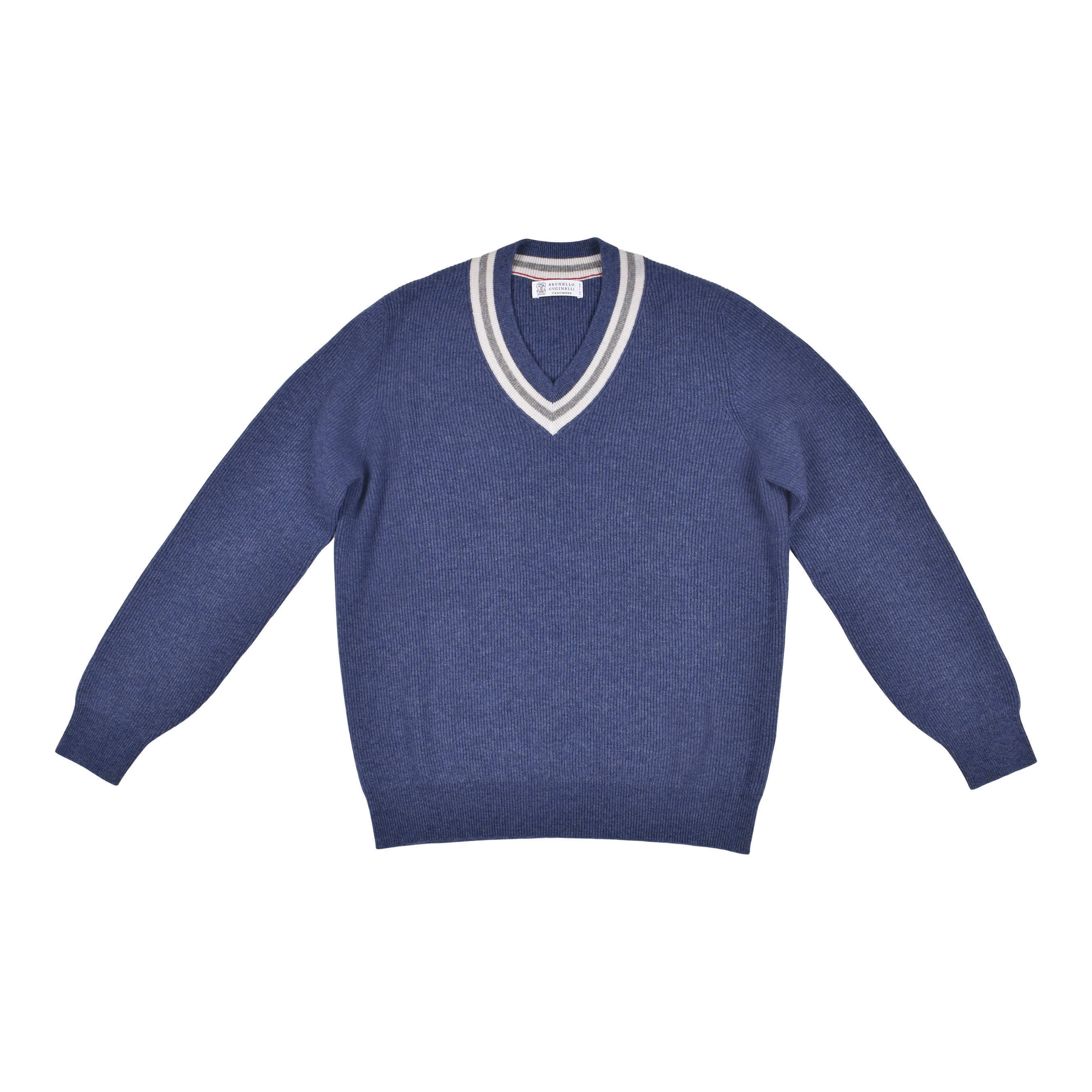 BRUNELLO CUCINELLI MEN'S BLUE V-NECK RIBBED SWEATER