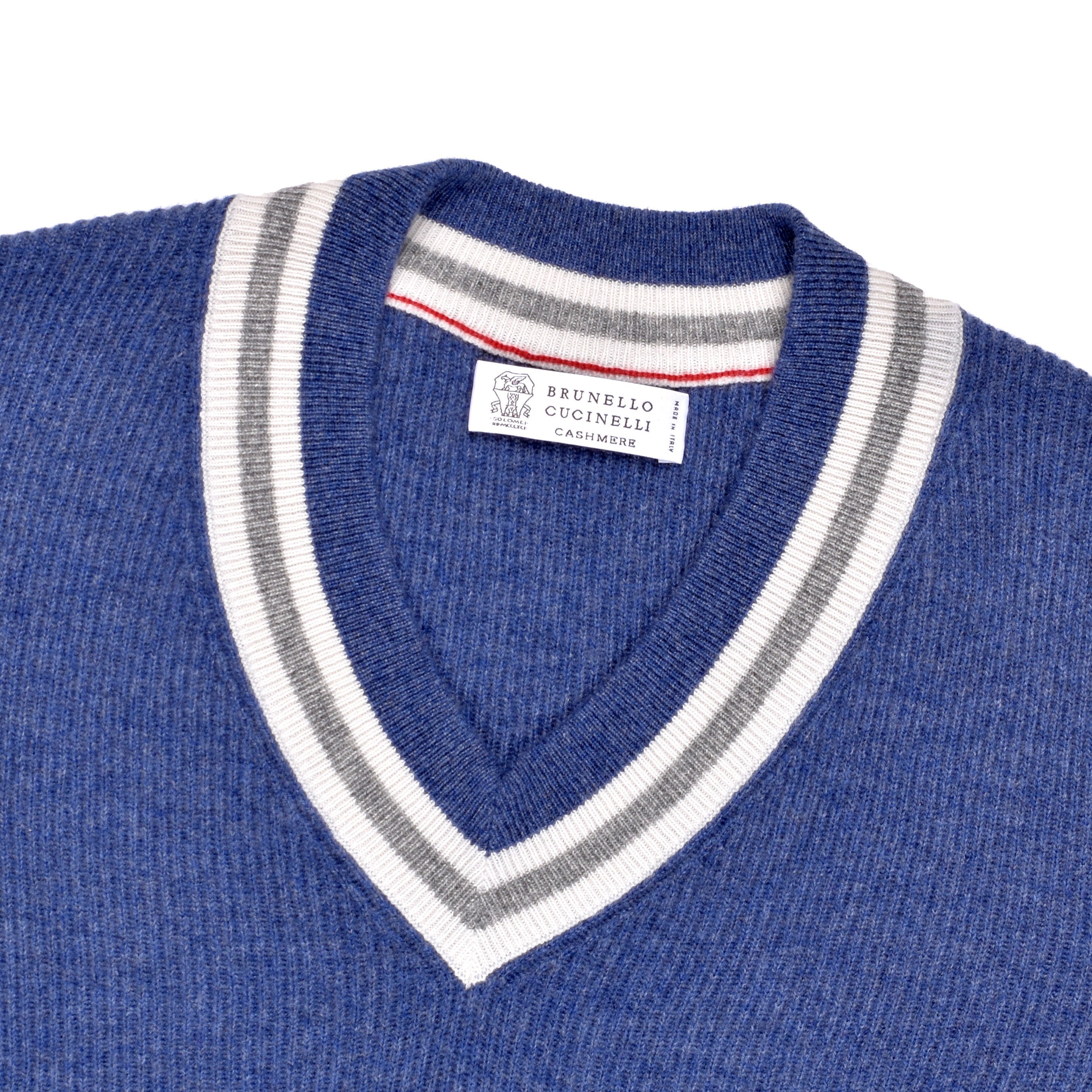 BRUNELLO CUCINELLI MEN'S BLUE V-NECK RIBBED SWEATER