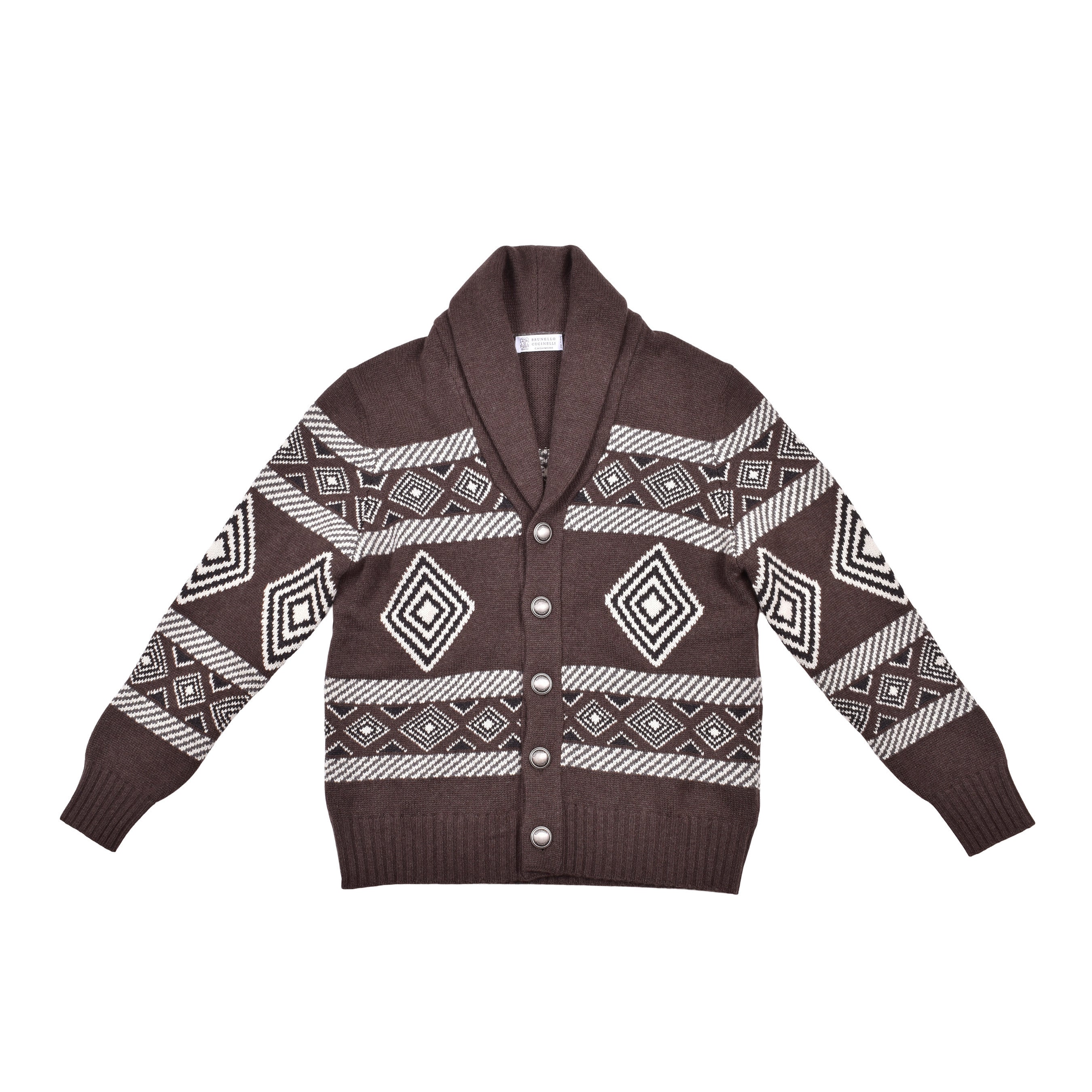 BRUNELLO CUCINELLI MEN'S BROWN CASHMERE PATTERNED CARDIGAN SWEATER