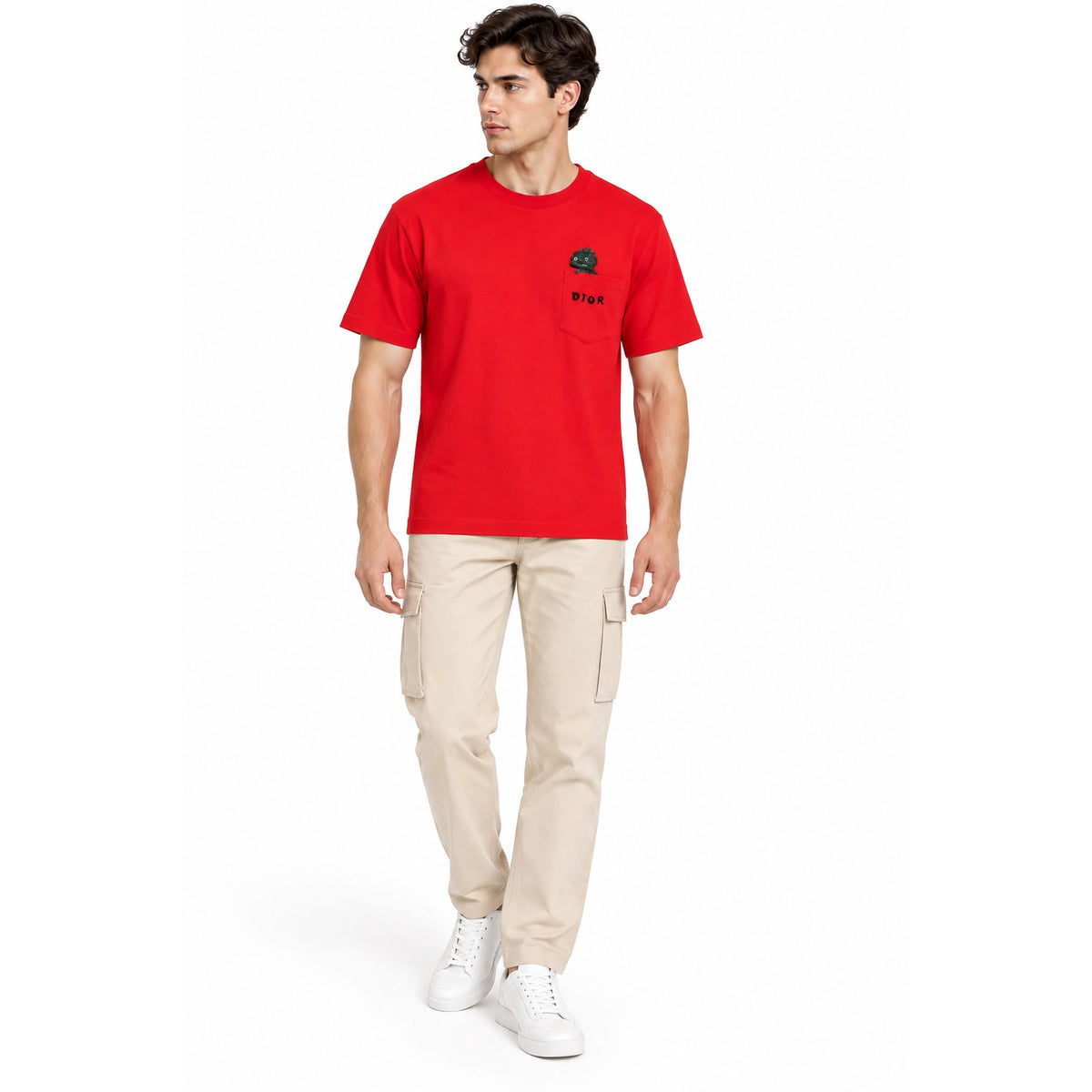 Dior Red Short Sleeve Cartoon Logo Graphic Pocket Tee
