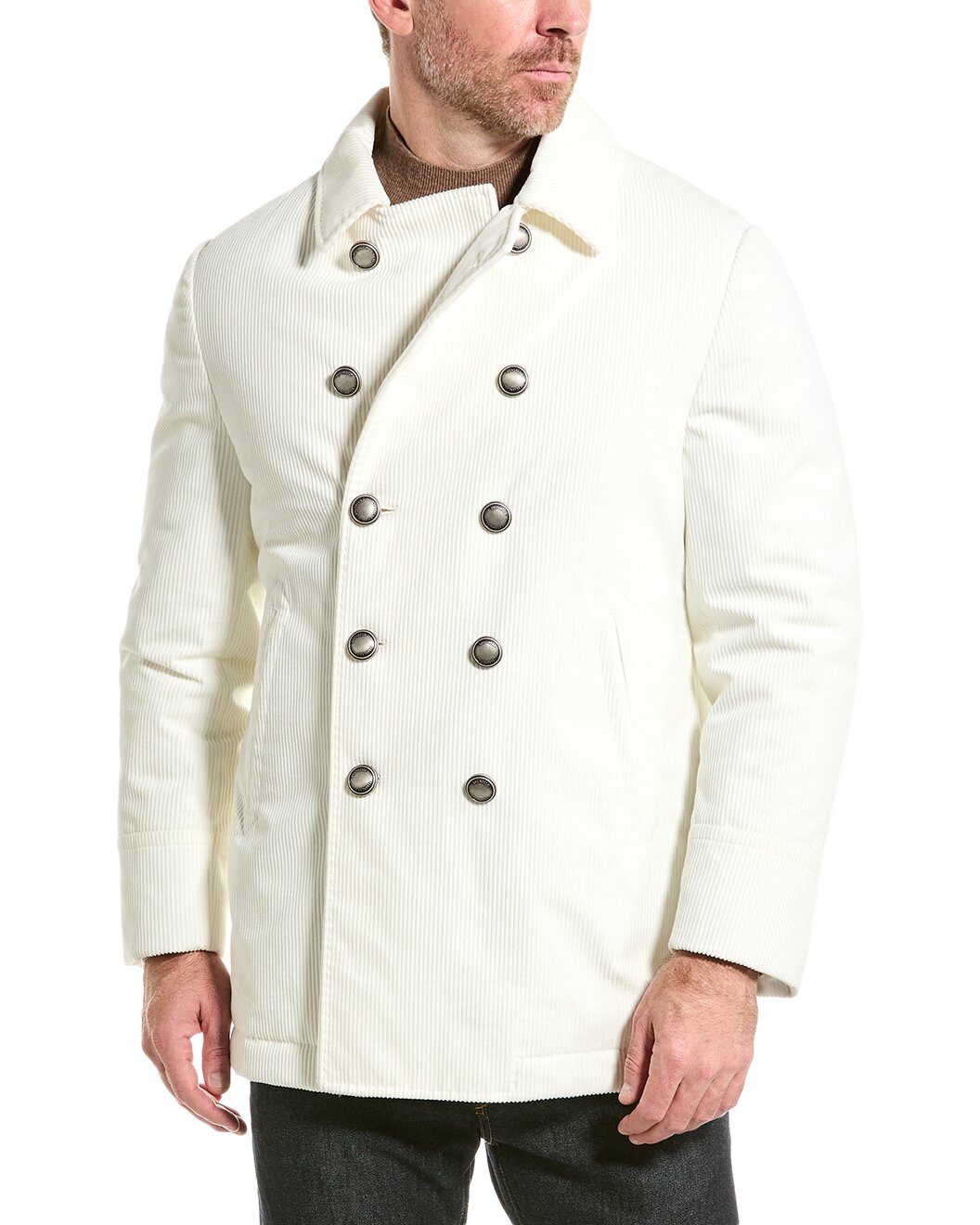BRUNELLO CUCINELLI MEN'S WHITE CORDUROY DOUBLE BREASTED JACKET