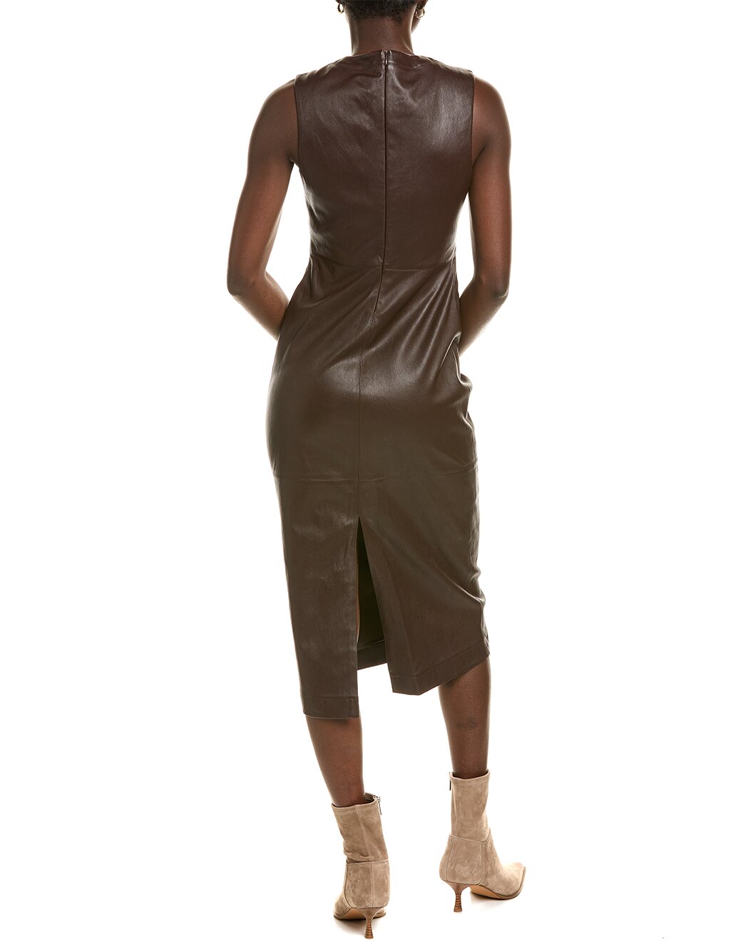 BRUNELLO CUCINELLI WOMEN'S DARK BROWN SLEEVELESS LEATHER DRESS