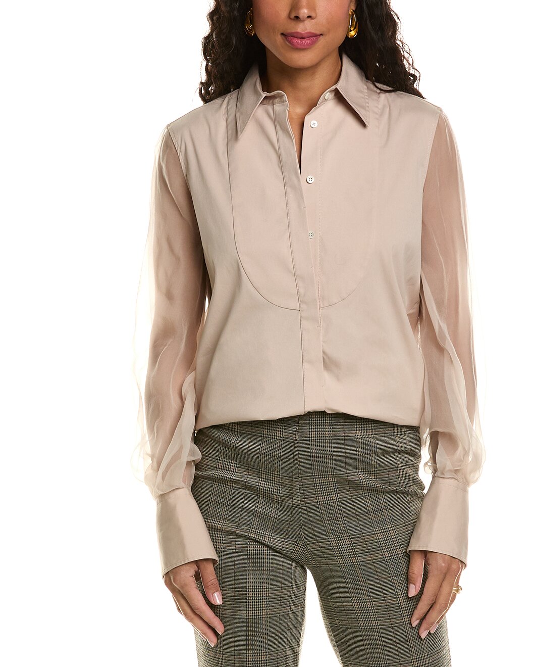 BRUNELLO CUCINELLI WOMEN'S PINK BEIGE SHEER SLEEVE BLOUSE