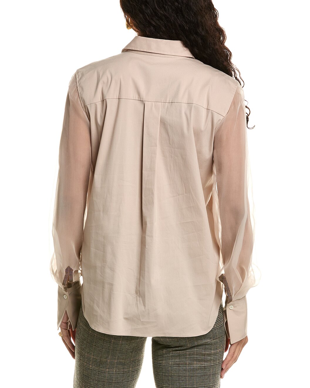 BRUNELLO CUCINELLI WOMEN'S PINK BEIGE SHEER SLEEVE BLOUSE