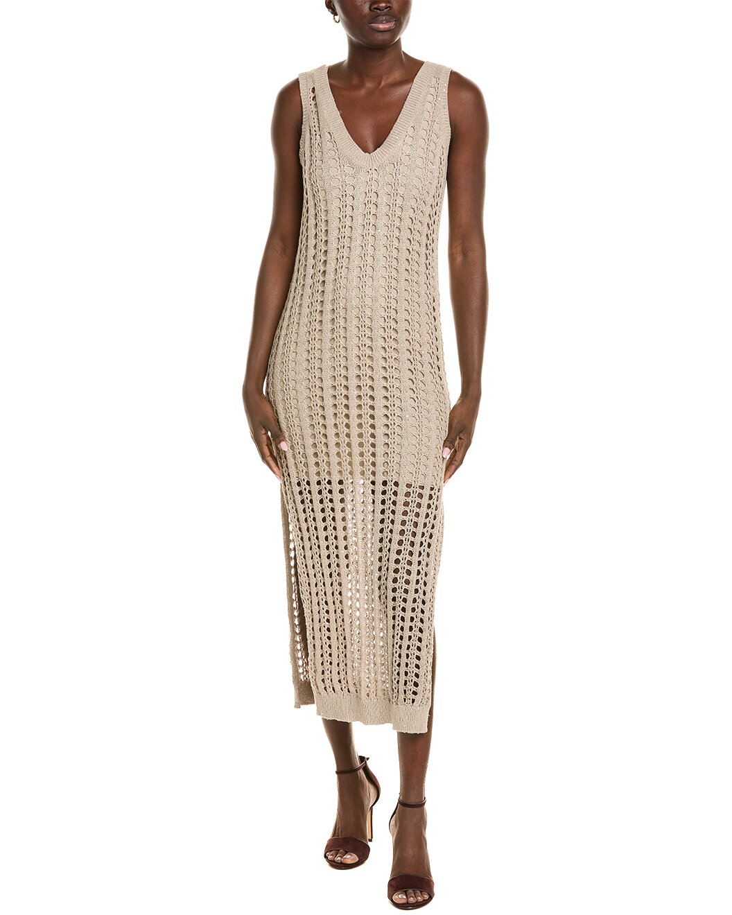 BRUNELLO CUCINELLI WOMEN'S BEIGE CROCHET SLEEVELESS MIDI DRESS