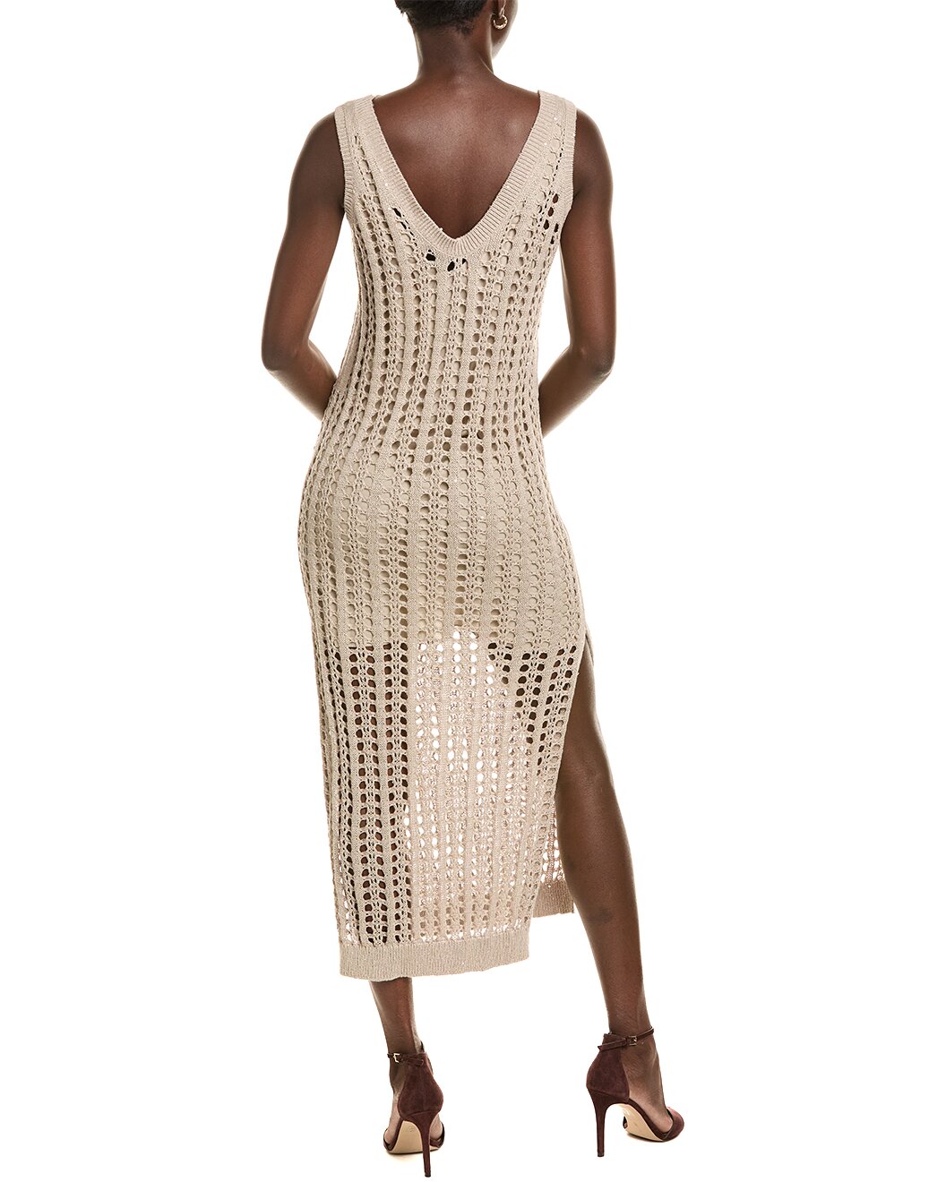 BRUNELLO CUCINELLI WOMEN'S BEIGE CROCHET SLEEVELESS MIDI DRESS