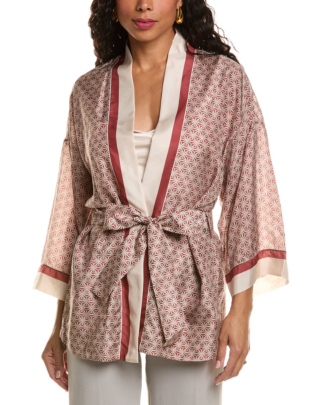 BRUNELLO CUCINELLI WOMEN'S RED BEIGE PATTERNED KIMONO-STYLE BLOUSE
