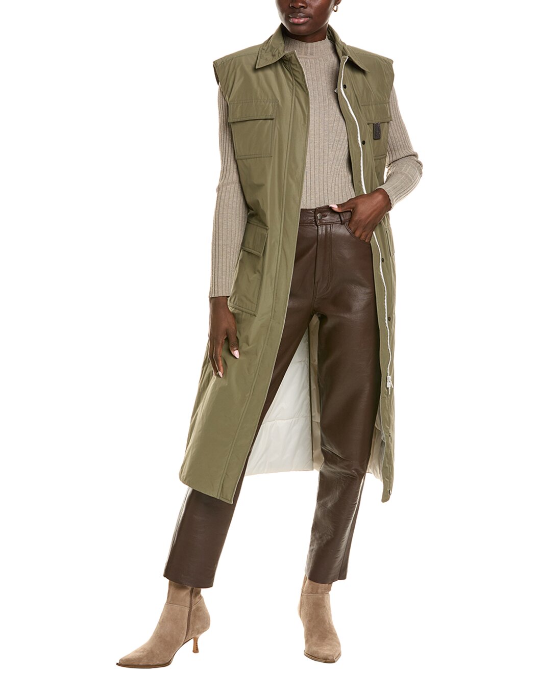 BRUNELLO CUCINELLI WOMEN'S OLIVE SLEEVELESS LONG UTILITY VEST