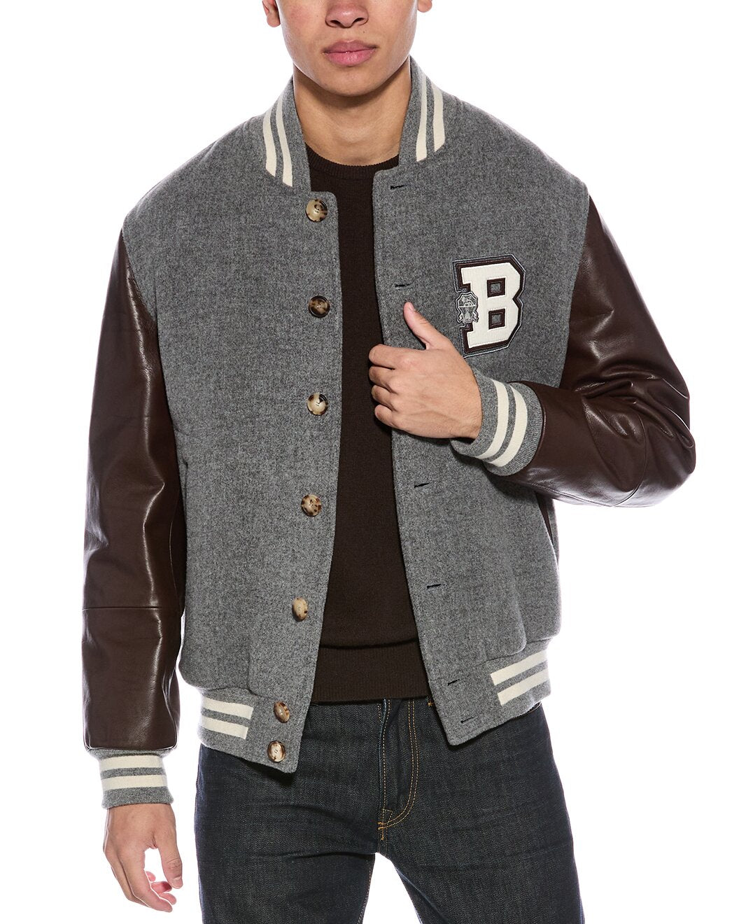 BRUNELLO CUCINELLI MEN'S GREY WOOL LEATHER SLEEVE VARSITY JACKET