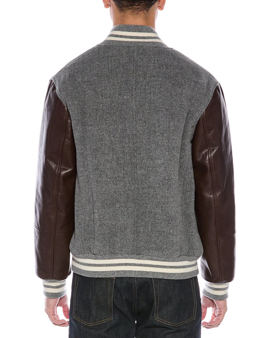 BRUNELLO CUCINELLI MEN'S GREY WOOL LEATHER SLEEVE VARSITY JACKET