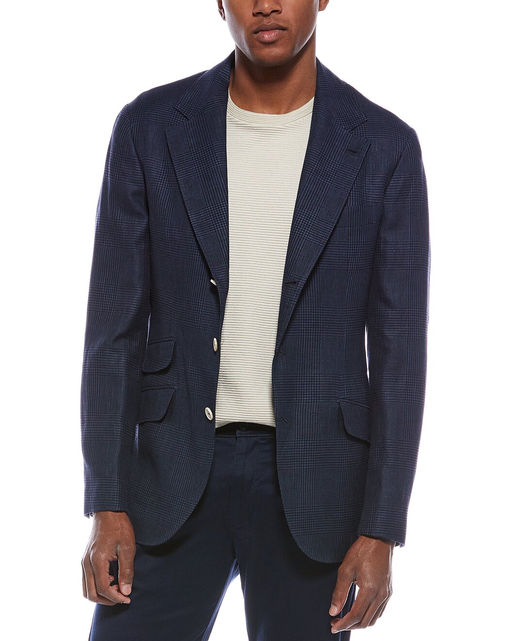 BRUNELLO CUCINELLI MEN'S NAVY PLAID DECONSTRUCTED BLAZER