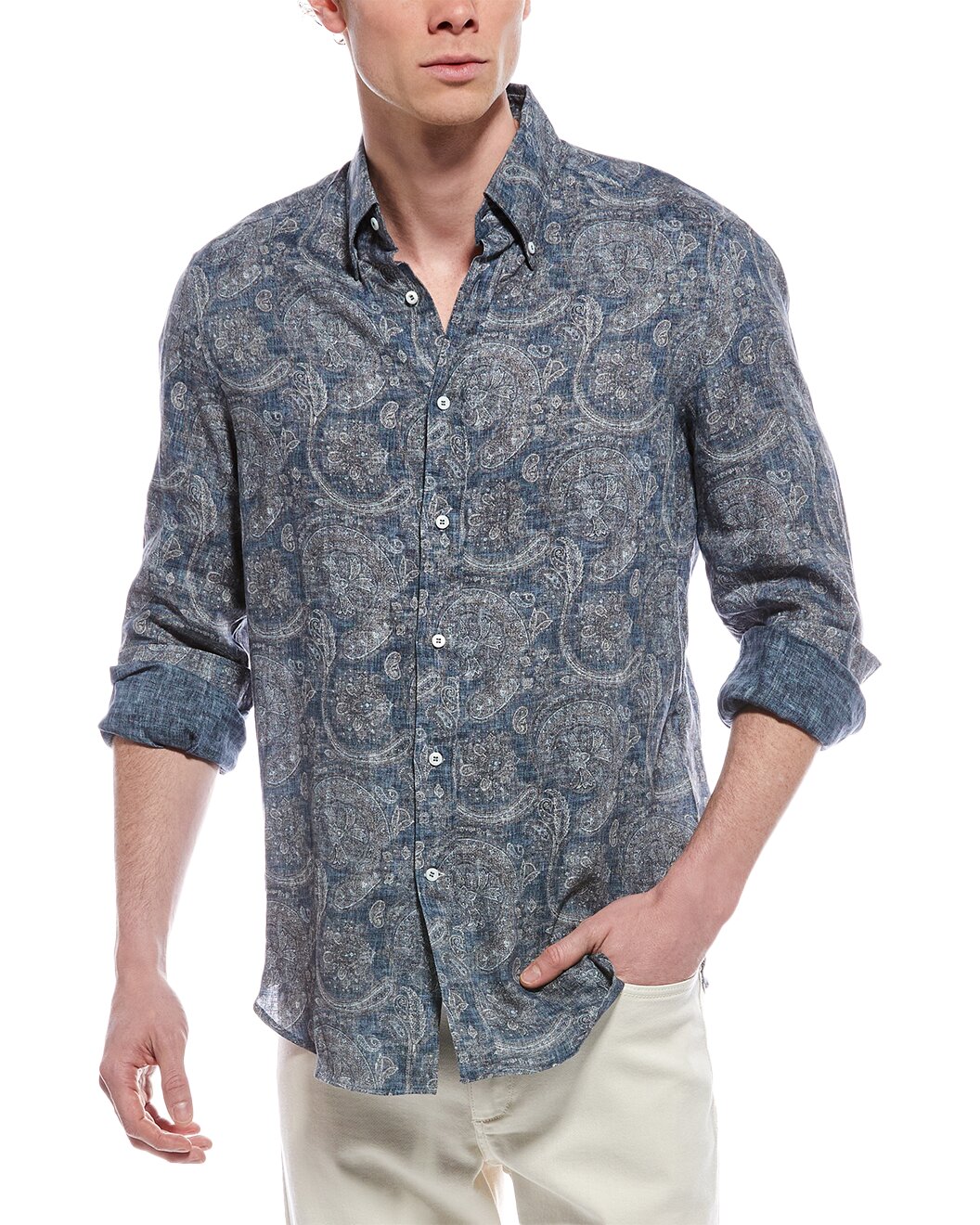 BRUNELLO CUCINELLI MEN'S BLUE LINEN PAISLEY SHIRT