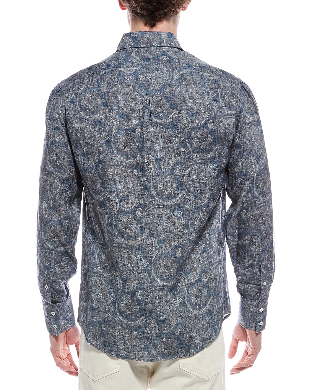 BRUNELLO CUCINELLI MEN'S BLUE LINEN PAISLEY SHIRT