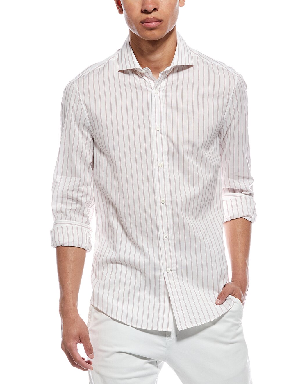 BRUNELLO CUCINELLI MEN'S PURPLE STRIPED LONG SLEEVE SHIRT