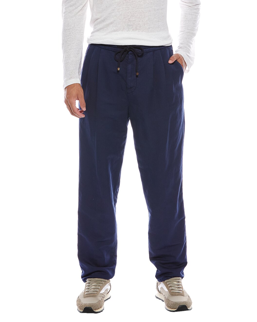 BRUNELLO CUCINELLI MEN'S NAVY LINEN BLEND TROUSERS