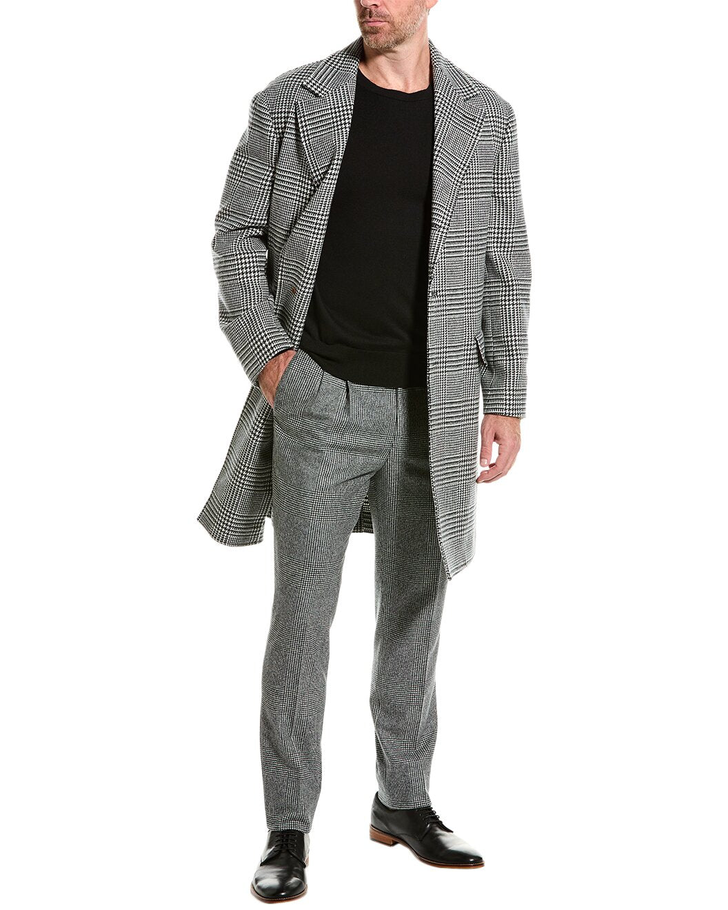 BRUNELLO CUCINELLI MEN'S GREY WOOL CHECKERED COAT