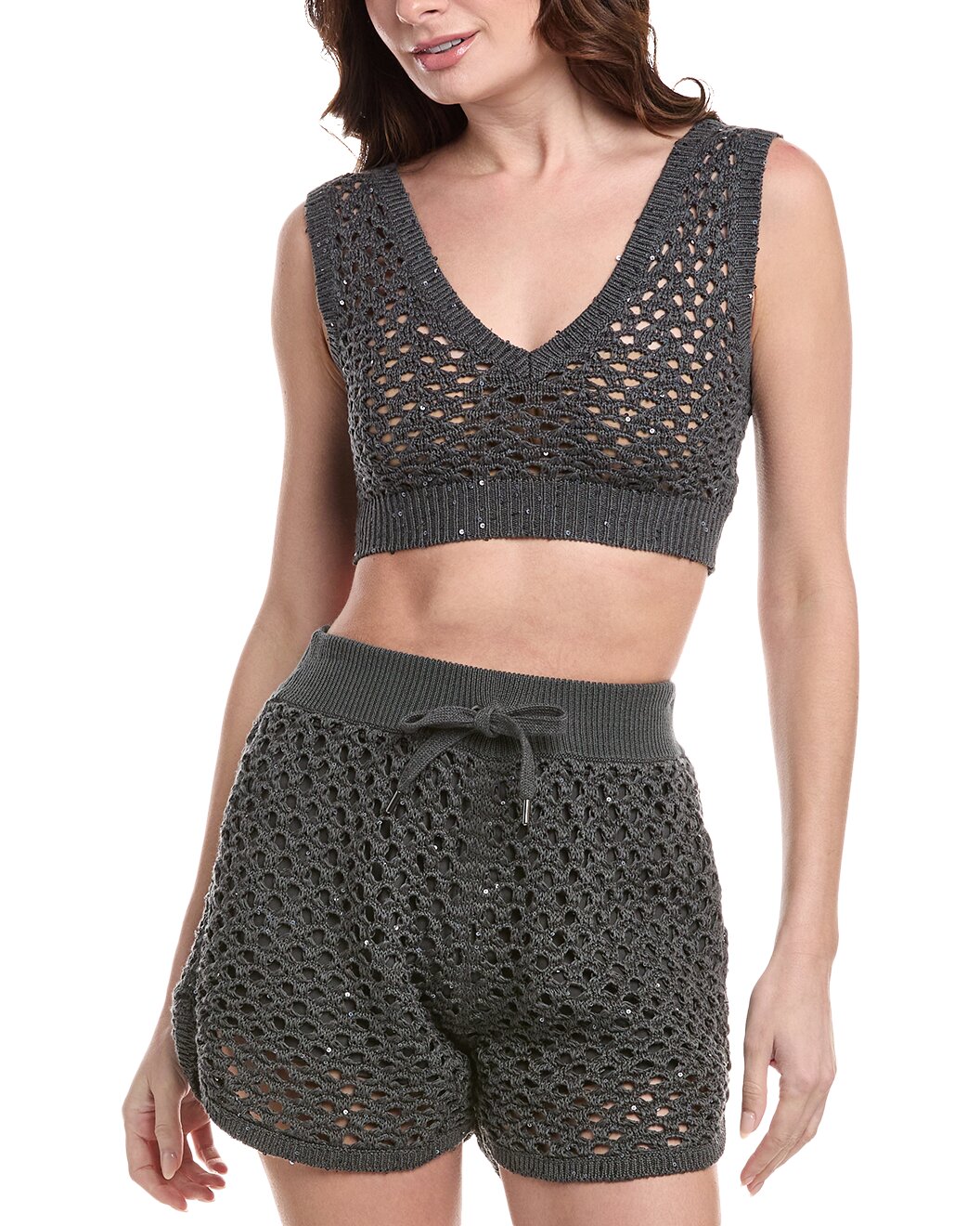 BRUNELLO CUCINELLI WOMEN'S CHARCOAL CROCHET KNIT CROP TOP