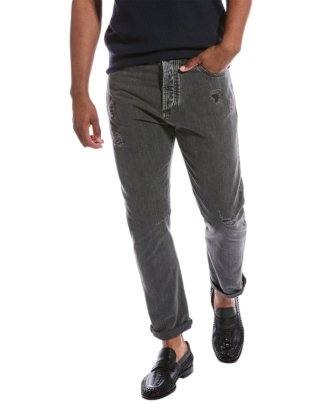 BRUNELLO CUCINELLI MEN'S MEDIUM GRAY DISTRESSED JEANS