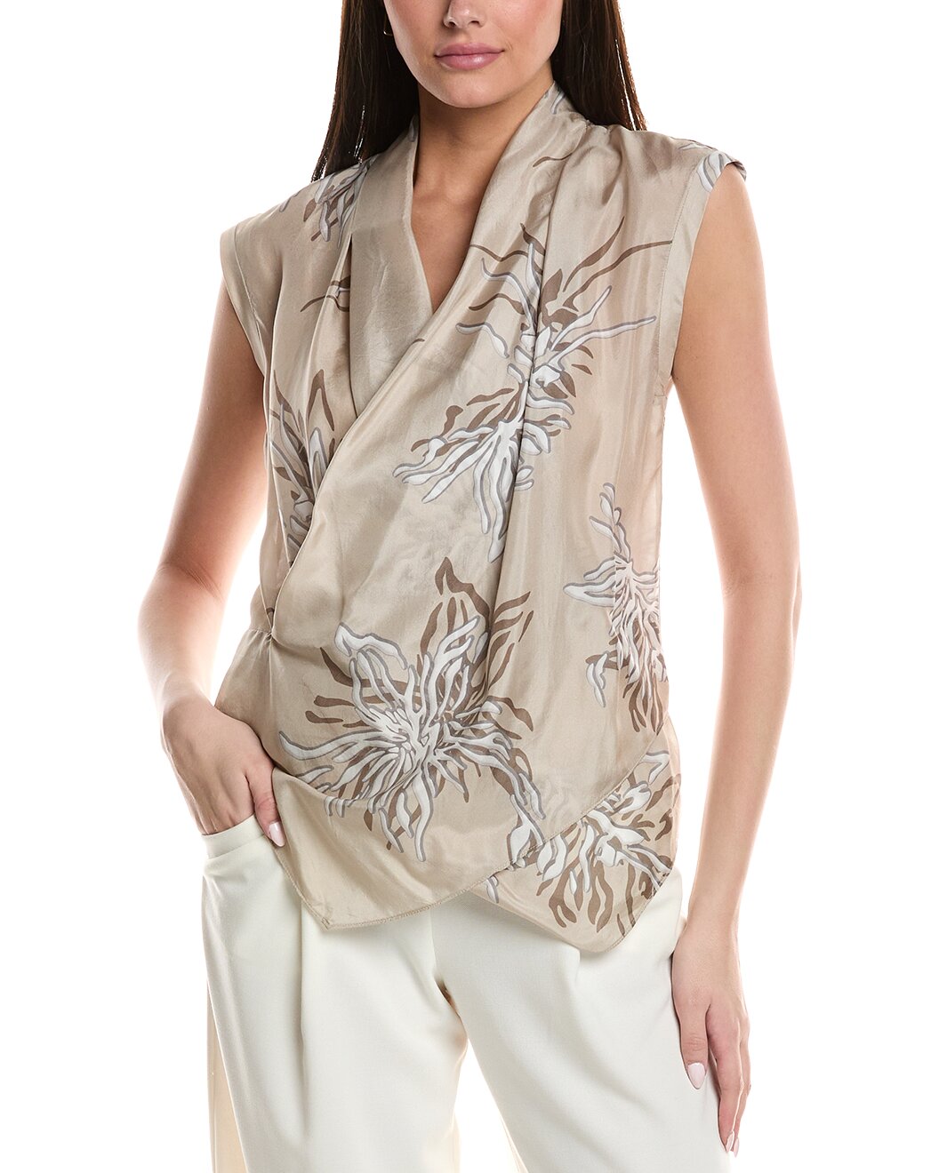 BRUNELLO CUCINELLI WOMEN'S BEIGE SILK DRAPED SHIRT