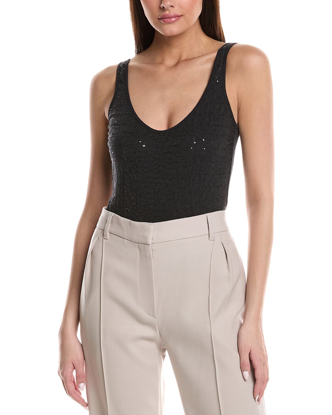 BRUNELLO CUCINELLI WOMEN'S ANTHRACITE SEQUIN SCOOP NECK BODYSUIT