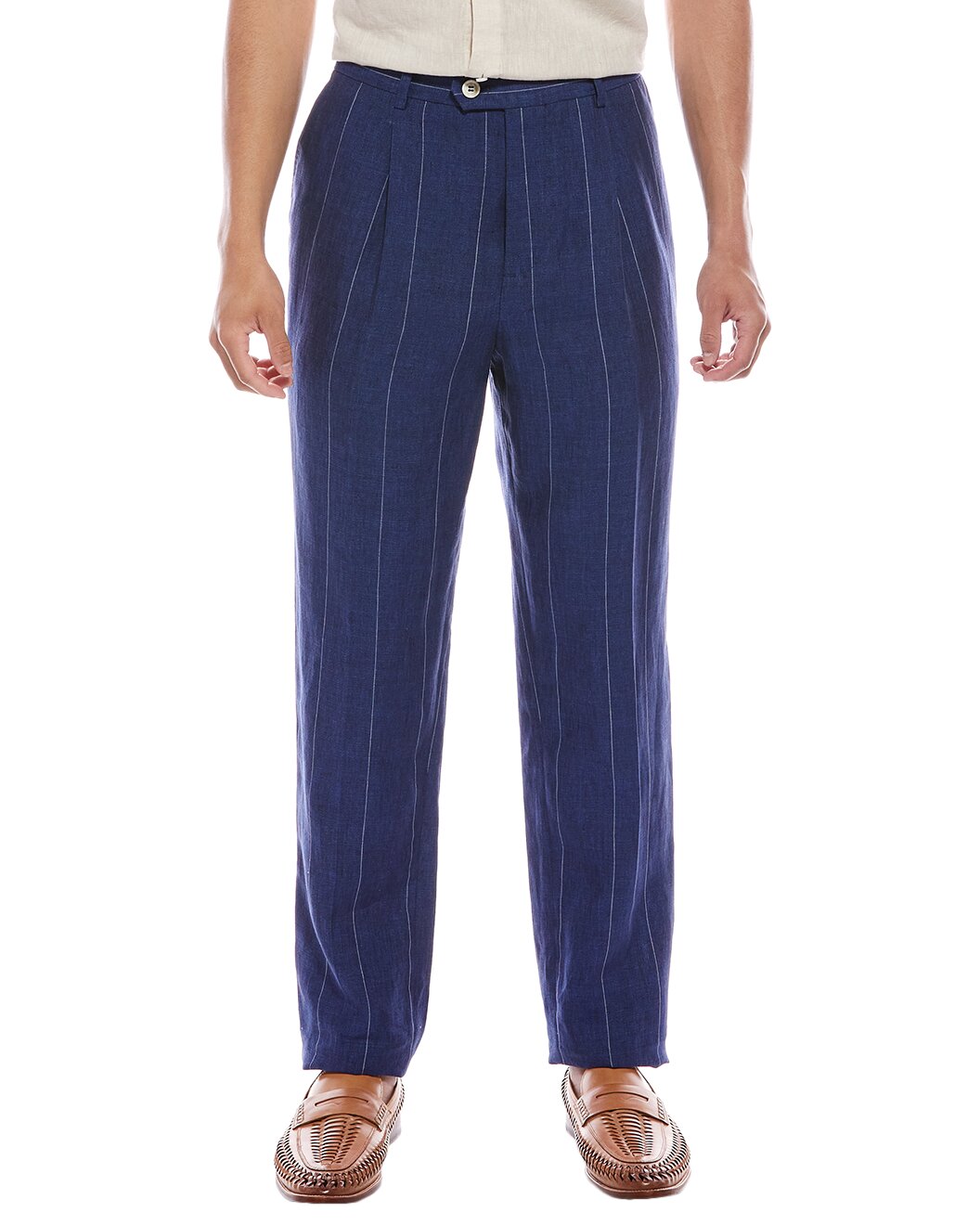 BRUNELLO CUCINELLI MEN'S INDIGO LINEN PLEATED TROUSERS