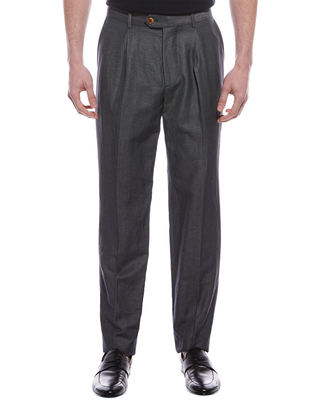 BRUNELLO CUCINELLI MEN'S GREY WOOL LINEN PLEATED TROUSERS