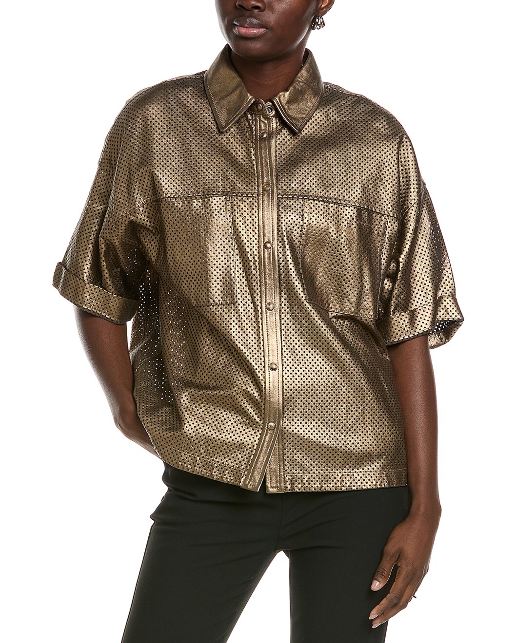 BRUNELLO CUCINELLI WOMEN'S METALLIC BRASS LEATHER SHIRT
