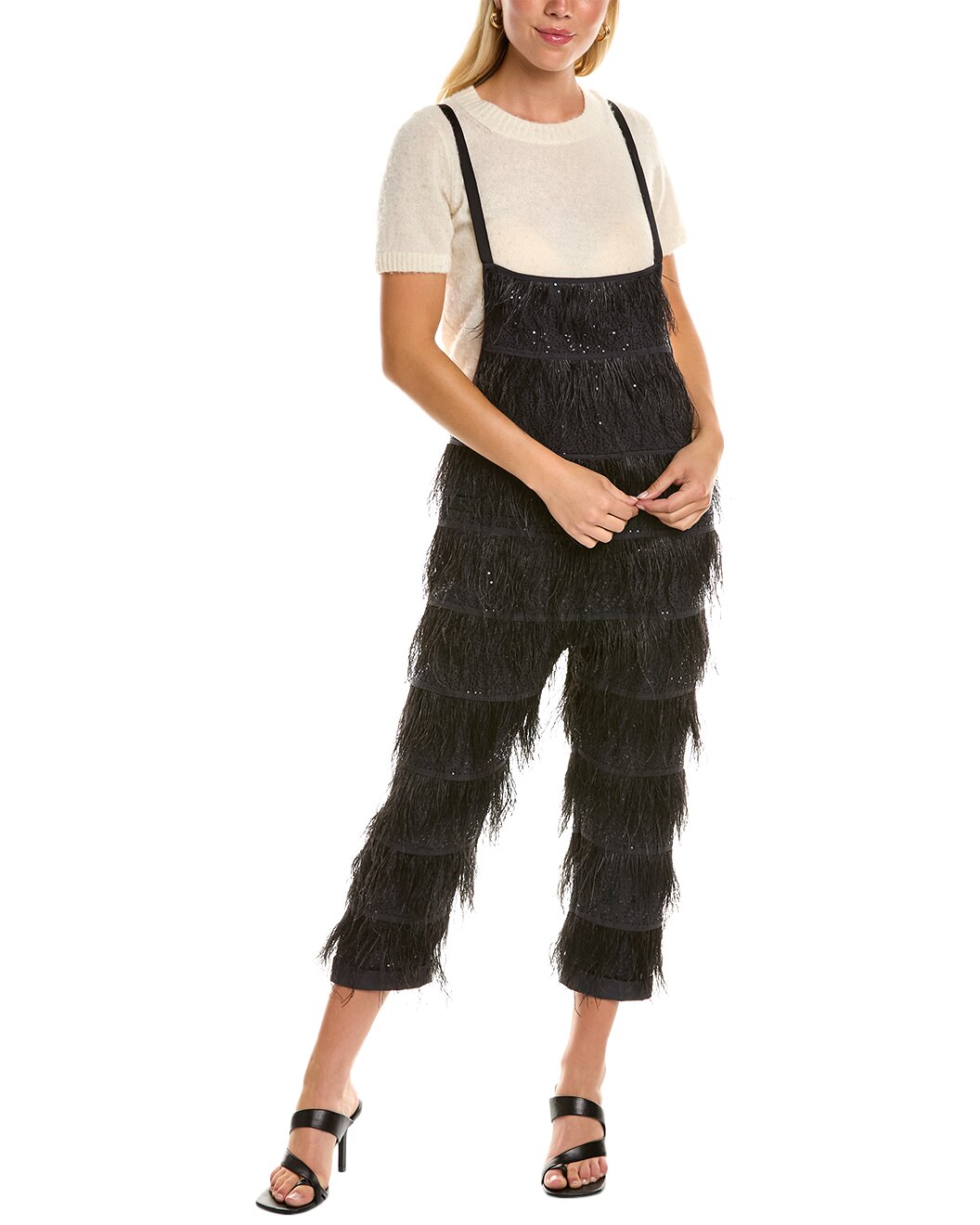BRUNELLO CUCINELLI WOMEN'S BLACK FEATHERED CROPPED JUMPSUIT